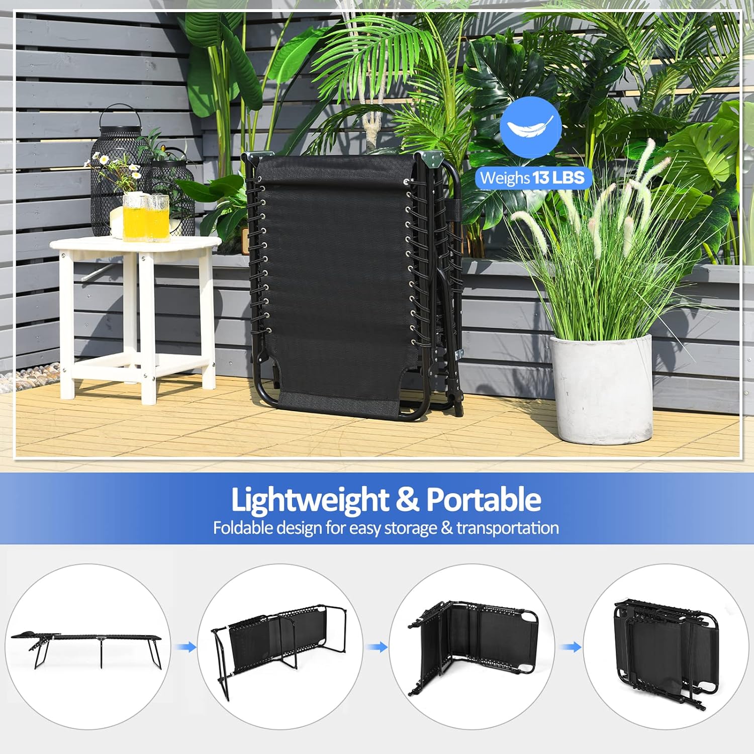 COSTWAY Tumbona plegable de 16 pulgadas de alto reclinable, con respaldo ajustable y reposapiés, color negro