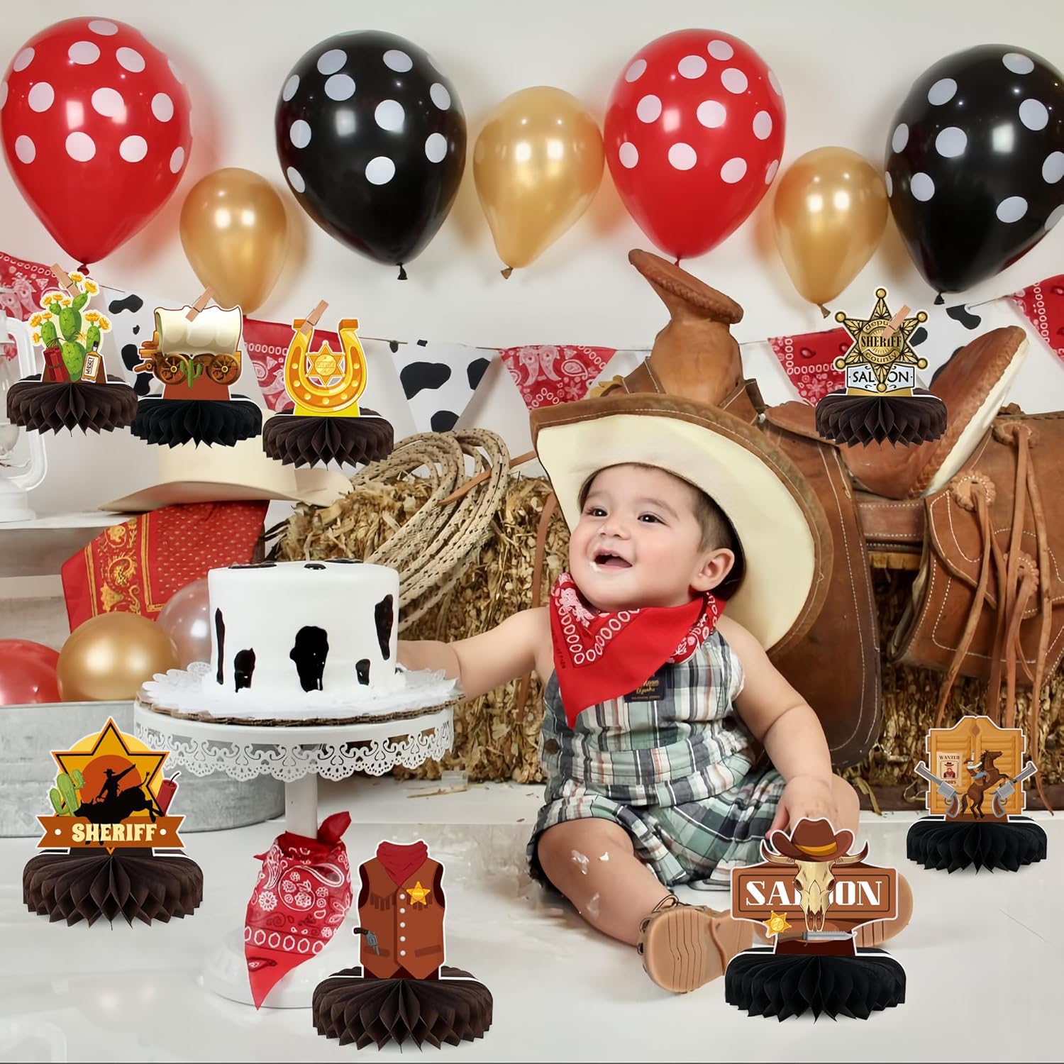 Yoqipati 10 Pieces Western Cowboy Honeycomb Centerpieces Wild West Party Decoration 3D Table Toppers Double Sided Stand Cards for Western Theme