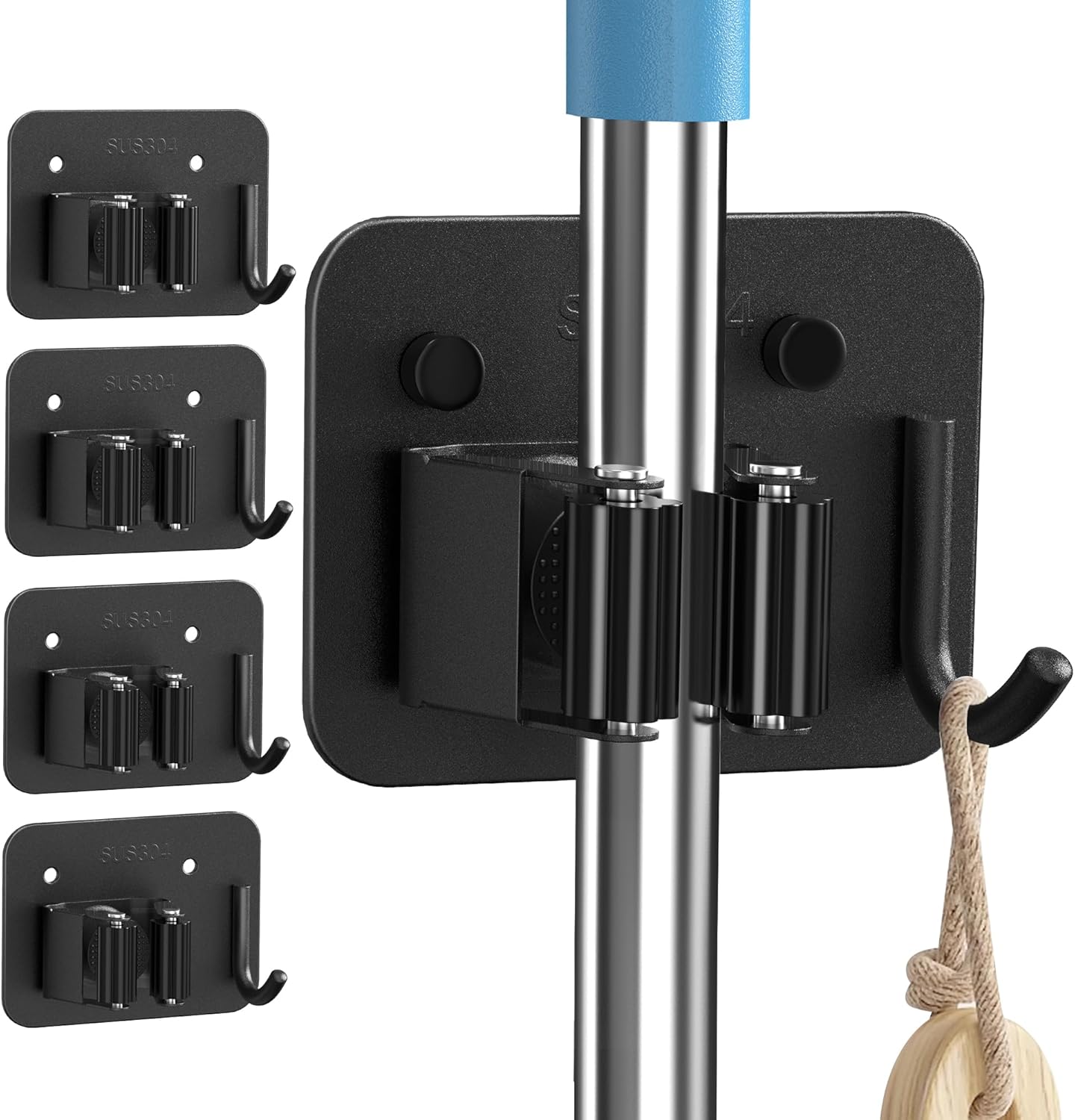 4 Pack Broom Holder Wall Mount Stainless Steel Mop Hanger – Home Laundry Room, Kitchen, Closet, Garage Organization and Storage Heavy Duty Utility