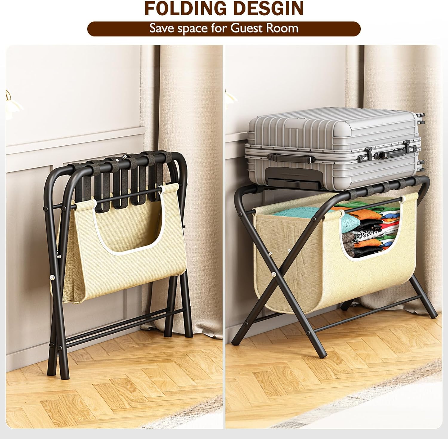 Paquete de 2 portaequipajes con bolsa de lavandería, soportes plegables para maleta para habitación de invitados, estante de equipaje con cinturones