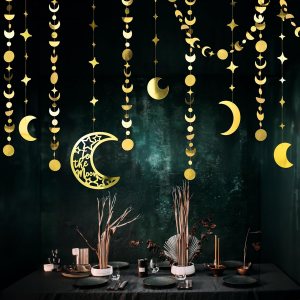 Cheerland Guirnalda dorada de aluminio con forma de estrella y luna, pancarta colgante de fase lunar bohomiana, decoración de fondo para decoración Cheerland Guirnalda dorada de aluminio con forma de estrella y luna, pancarta colgante de fase lunar bohomiana, decoración de fondo para decoración