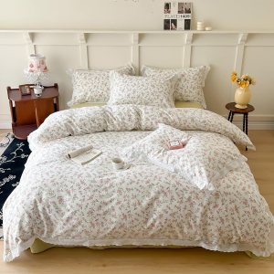 EAVD Juego de funda de edredón floral de algodón, tamaño Queen, niña, rosa, floral, con volantes, con 2 fundas de almohada, funda de edredón EAVD Juego de funda de edredón floral de algodón, tamaño Queen, niña, rosa, floral, con volantes, con 2 fundas de almohada, funda de edredón