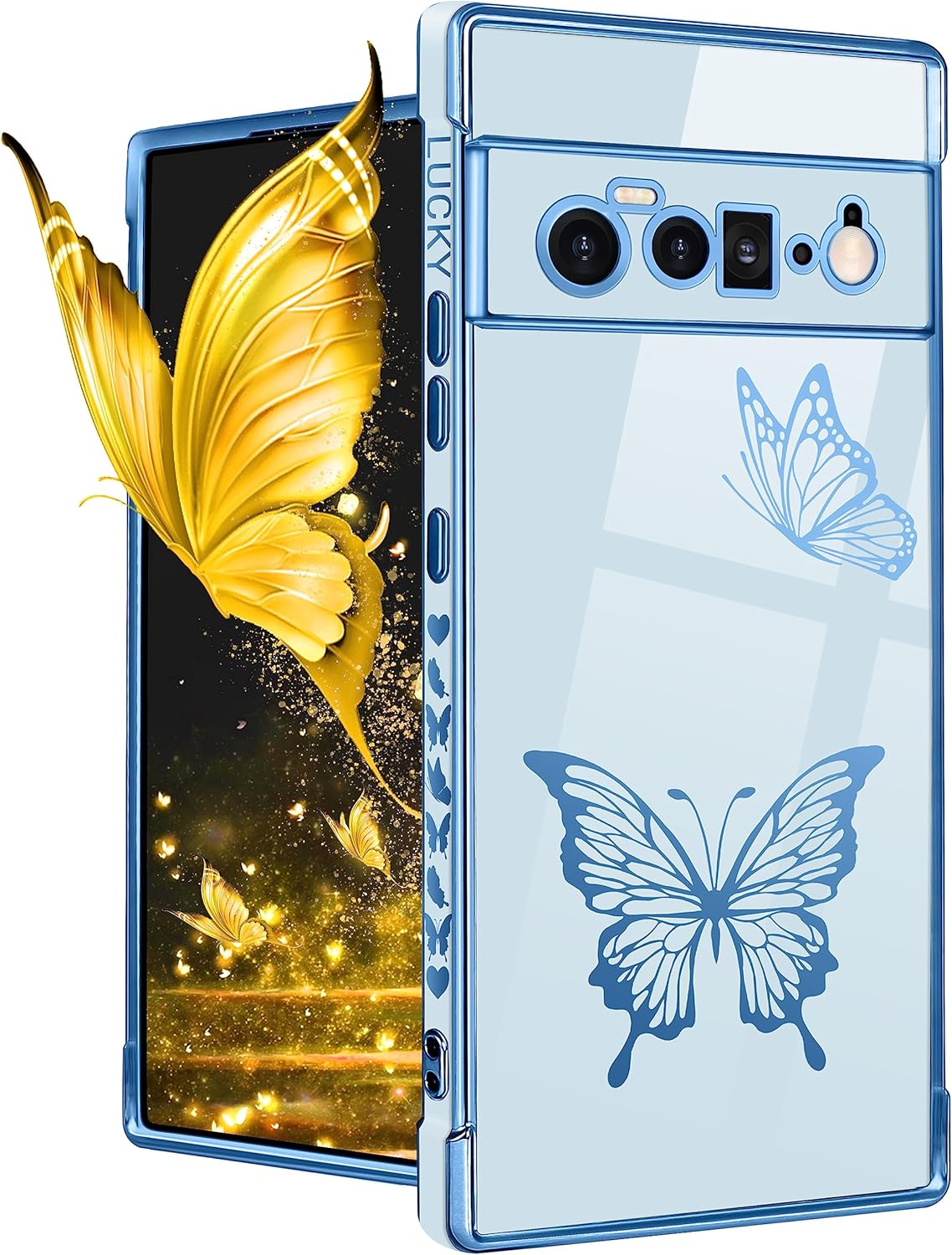 Coralogo Funda para Google Pixel 6 Pro 5G Butterfly para mujeres y niñas, bonitas fundas para teléfono, bonitas mariposas chapadas en azul, diseño