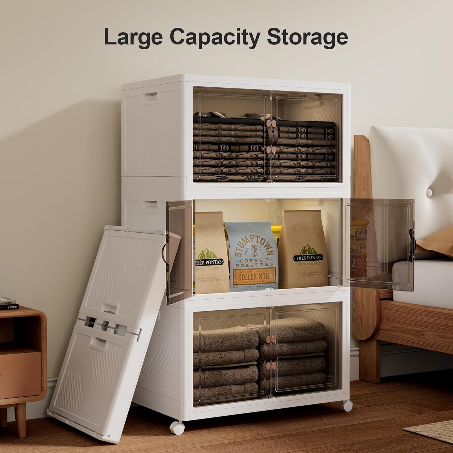 JOYMOOP Organizador plegable de almacenamiento, caja de almacenamiento plegable de 84 cuartos de galón con ruedas y puerta, contenedor de