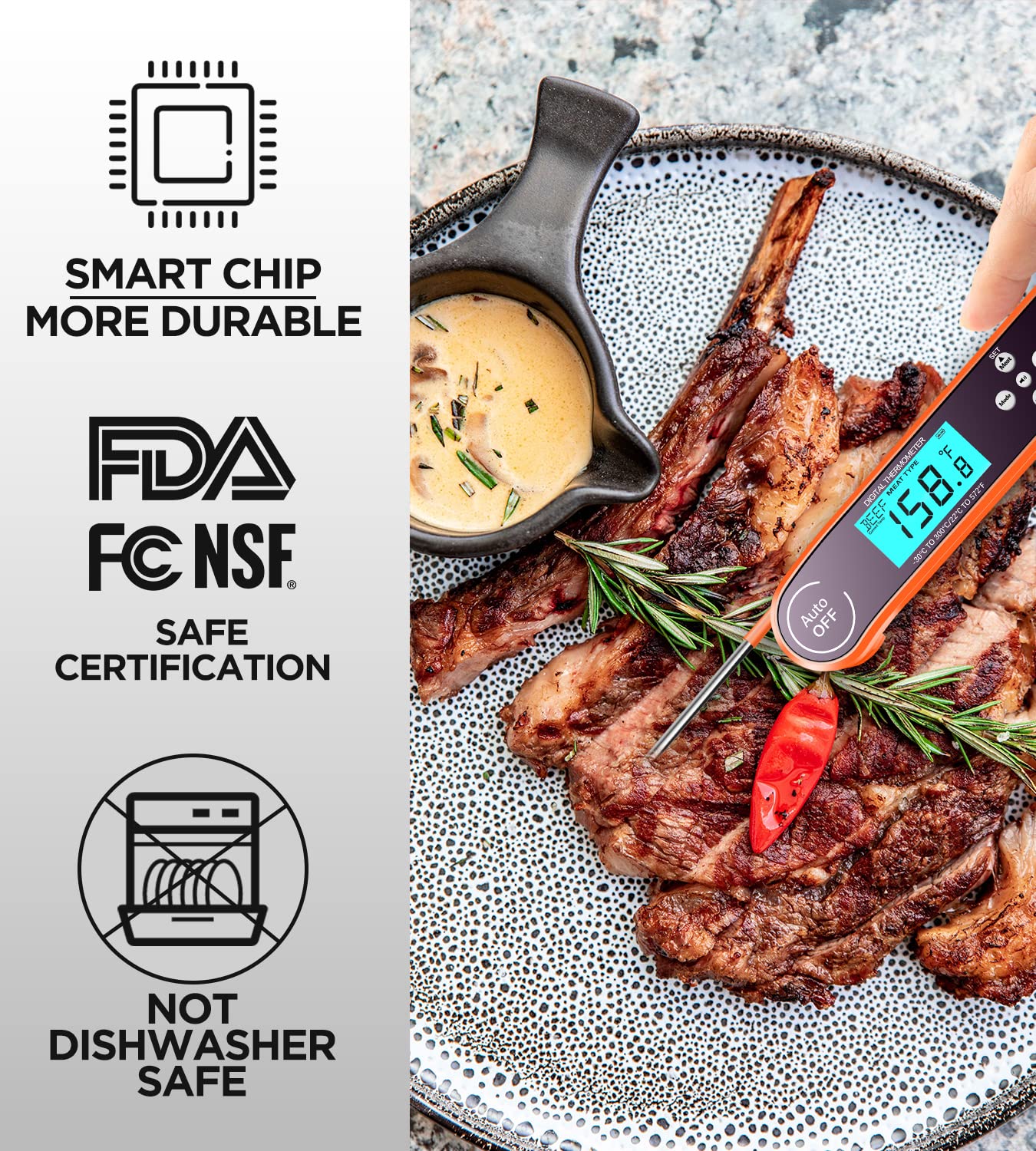 Digital Cooking Thermometer, Accurate & Waterproof Instant Read Meat Thermometer with Backlit, Calibration, Probe, Food Thermometer for Kitchen,