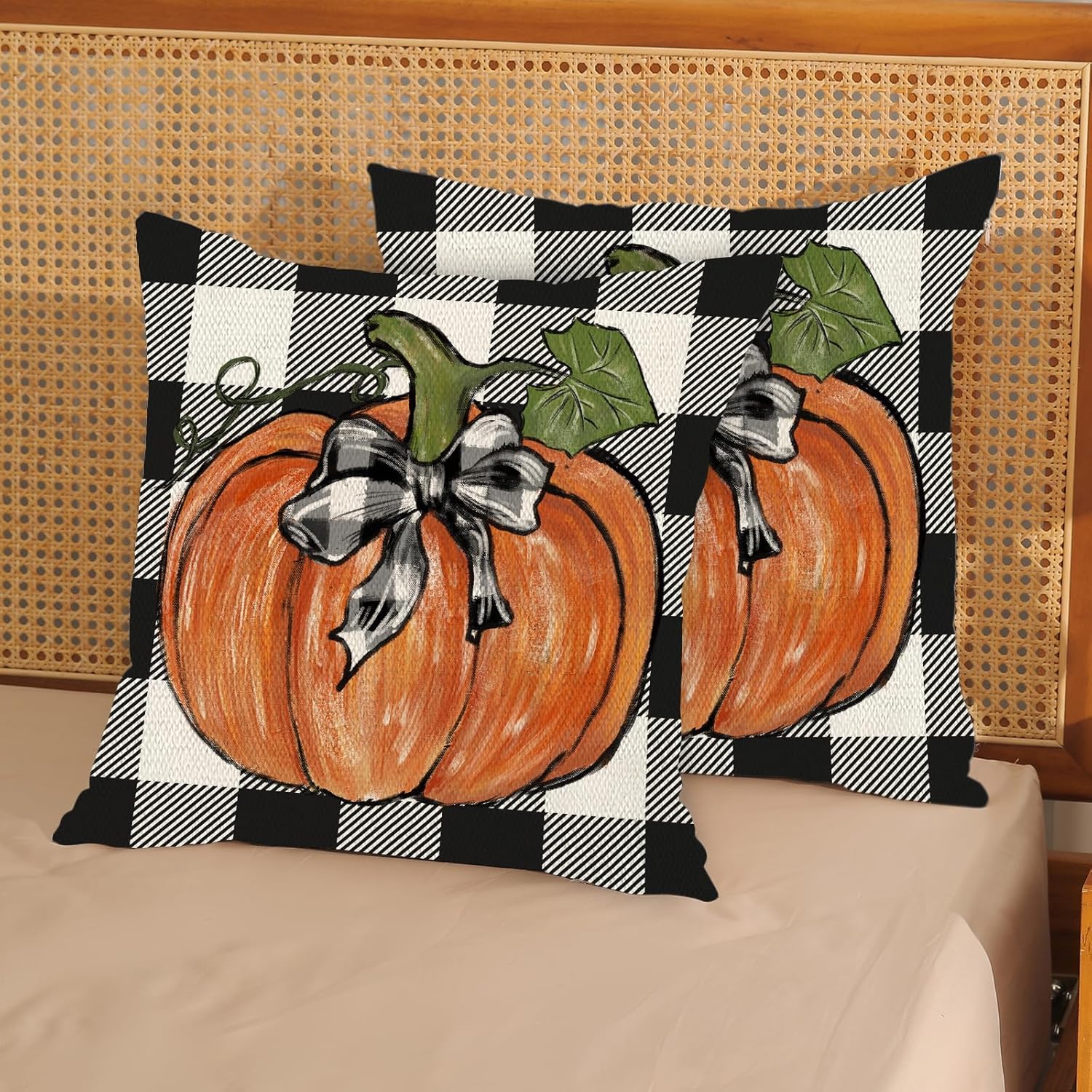 Juego de 2 fundas de almohada de otoño de 16 x 16 pulgadas, hojas de arce de calabaza y búfalo a cuadros, decoración de otoño, de lino, para Acción