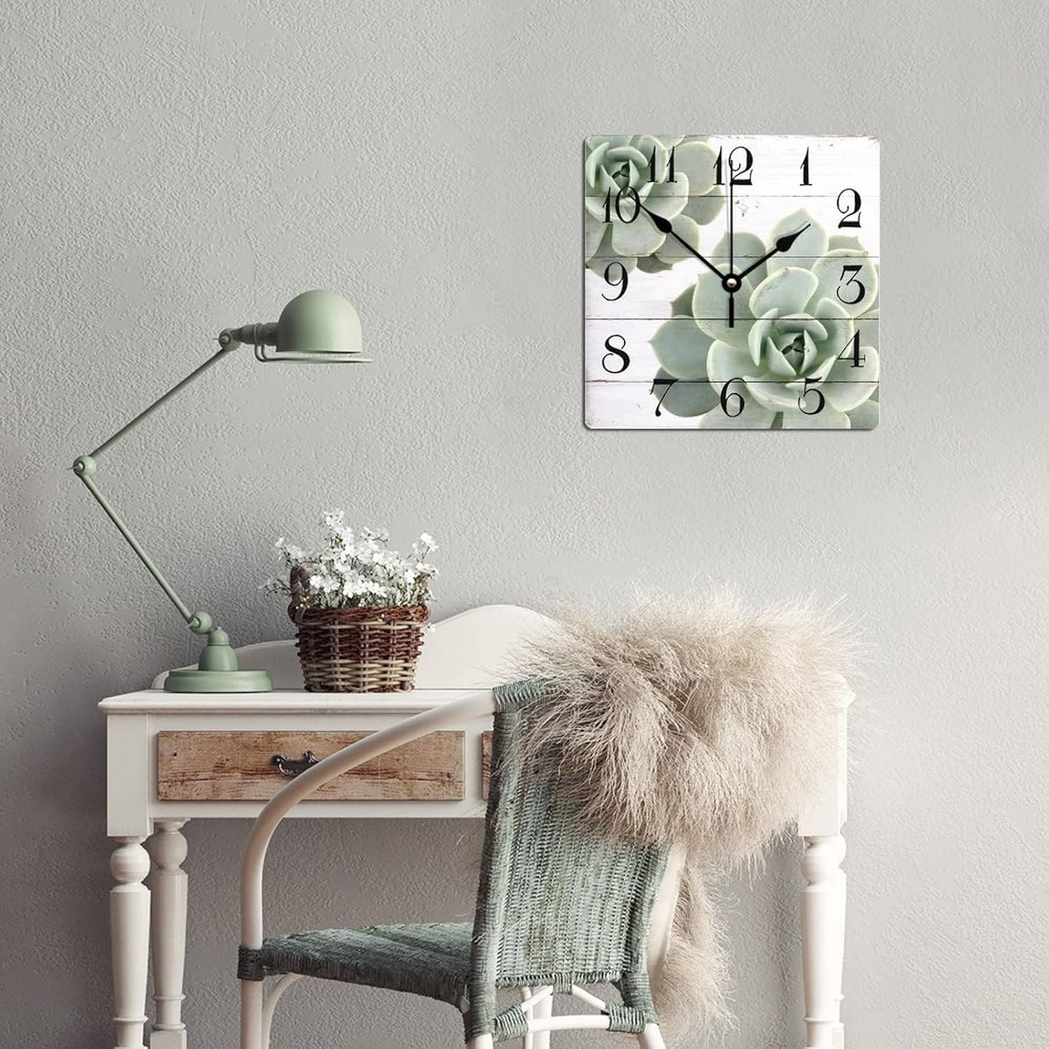 Reloj de pared cuadrado de madera con plantas suculentas, duradero, funciona con pilas, reloj de pared de madera antigua para dormitorio, cocina,