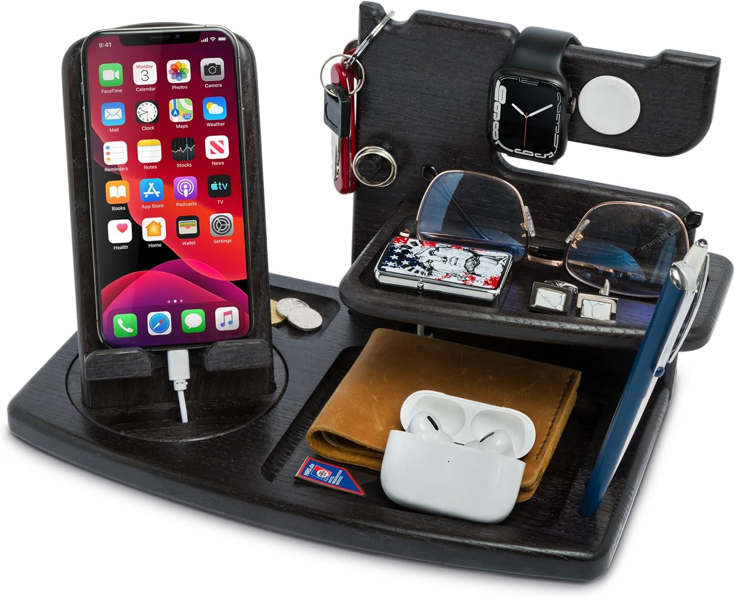 TESLYAR Estación de acoplamiento giratoria de madera para teléfono con reloj para iPhone, soporte para llaves de ceniza, soporte para cartera,