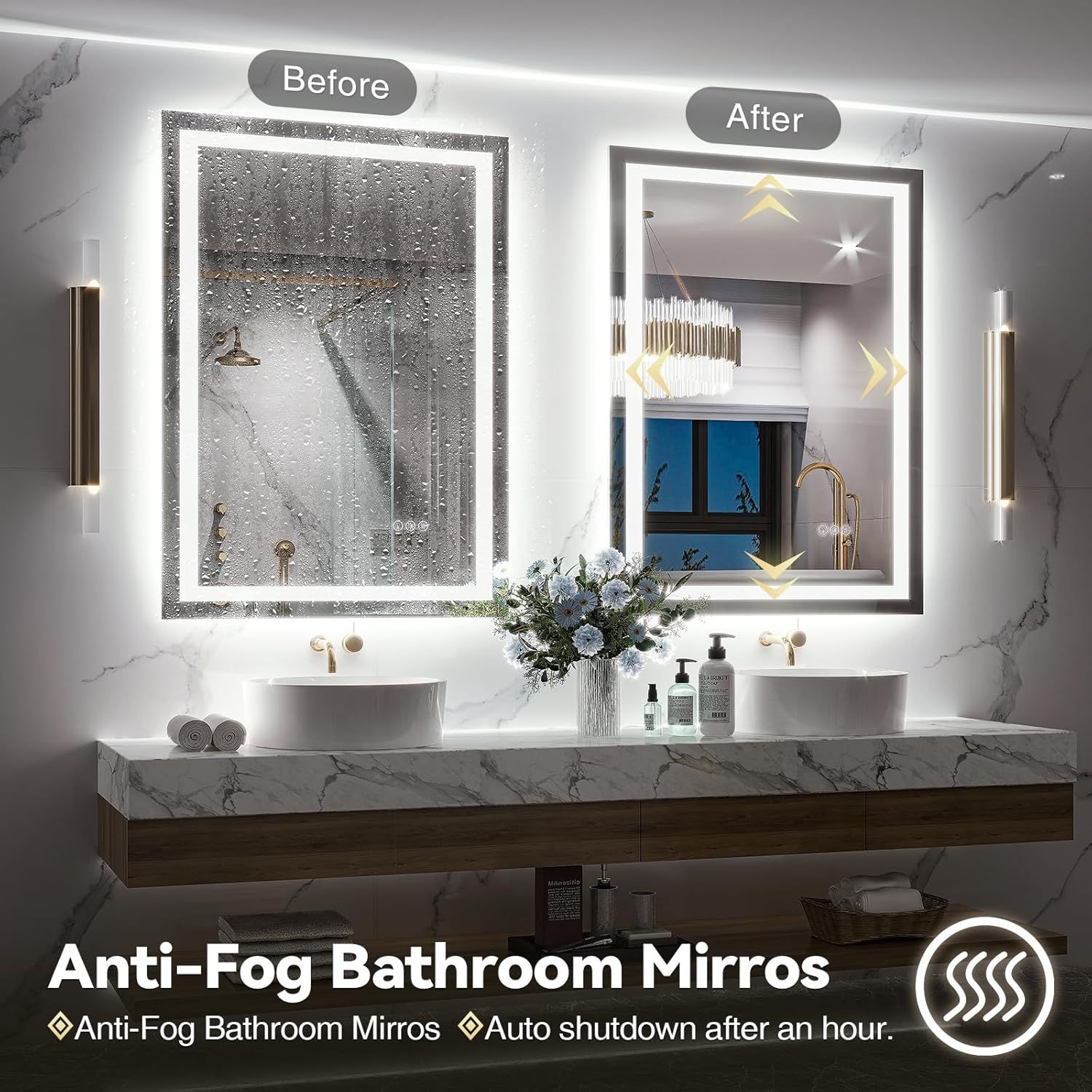 Brightify Espejo de baño LED con luces, espejo de baño LED de 22 x 28 pulgadas, espejo de baño delantero y retroiluminado, 3 colores regulables,