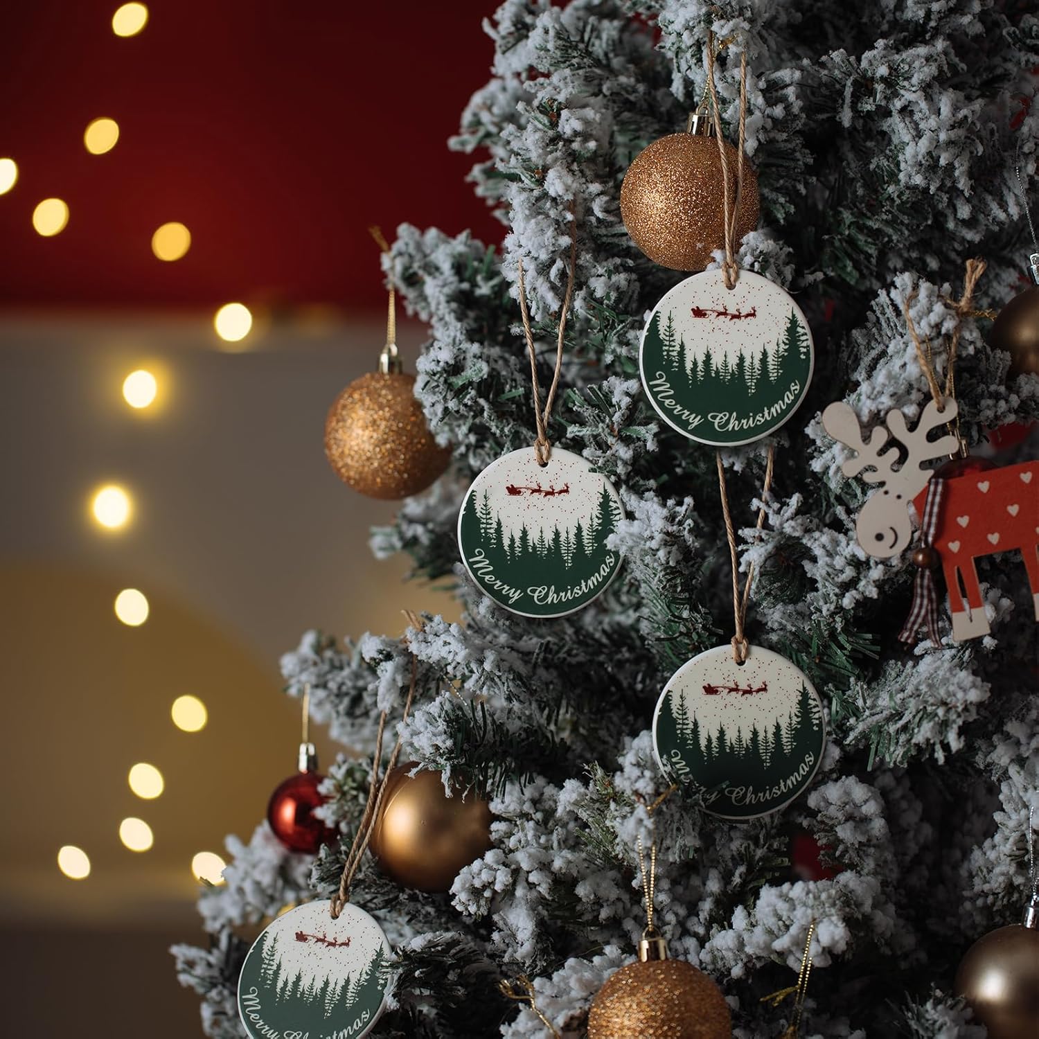 Adorno de Navidad brillante para árbol de Navidad, ciervo, regalo de boda, regalo de pareja, pareja de recién casados, redondo (blanco y verde)