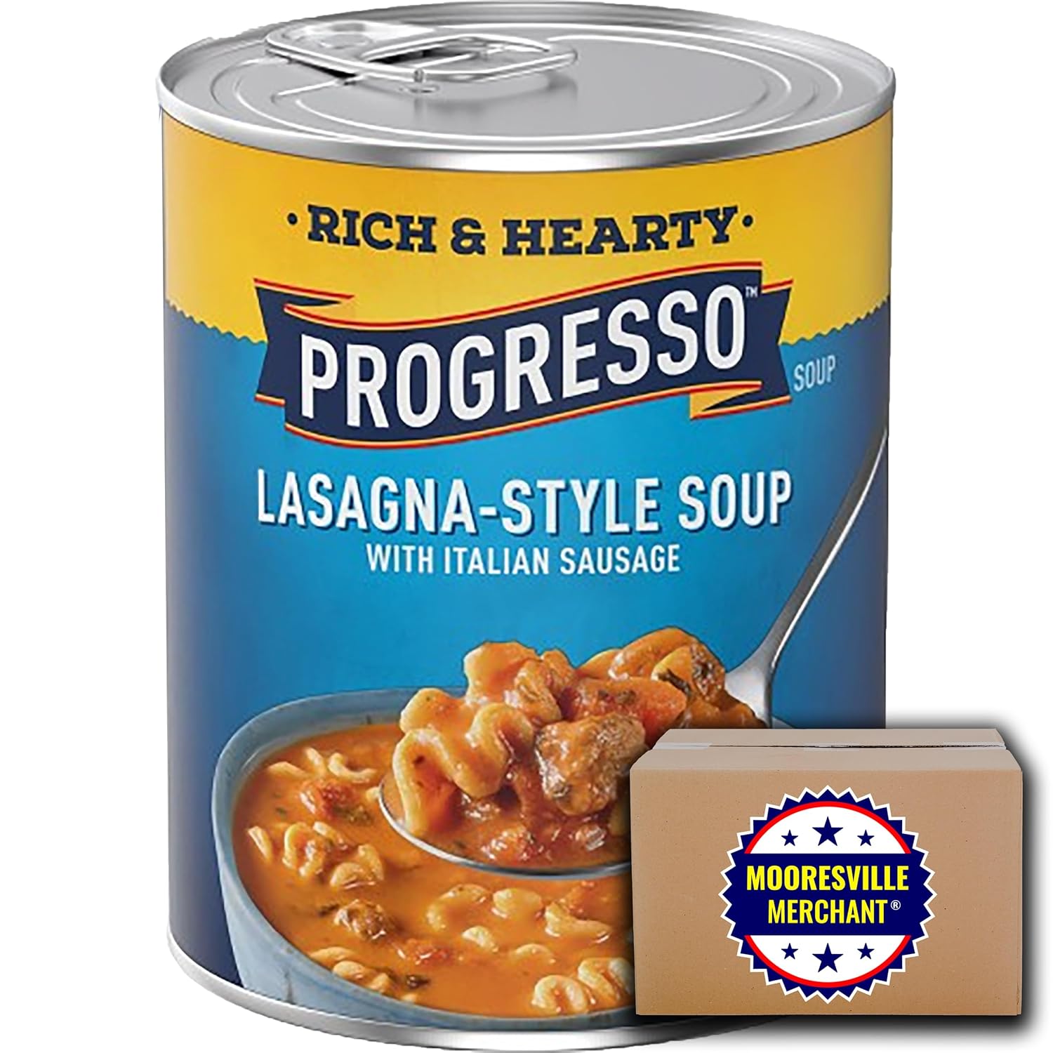 Progresso Rich & Hearty – Sopa estilo lasaña con salchicha italiana, 18.5 onzas líquidas, 4 latas con calcomanía Mooresville Merchant