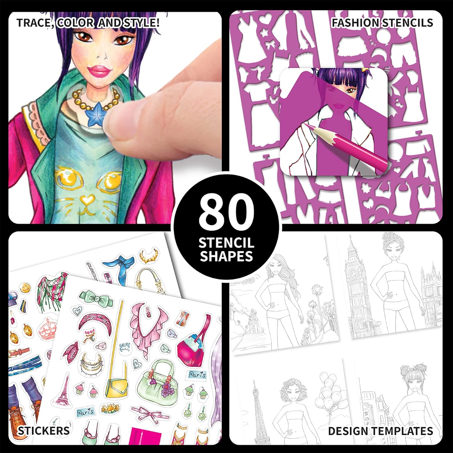 Style Me Up Plantilla y estilo de moda, kit de arte para niños, incluye 30 plantillas de modelos para elegir, más de 80 plantillas de moda para