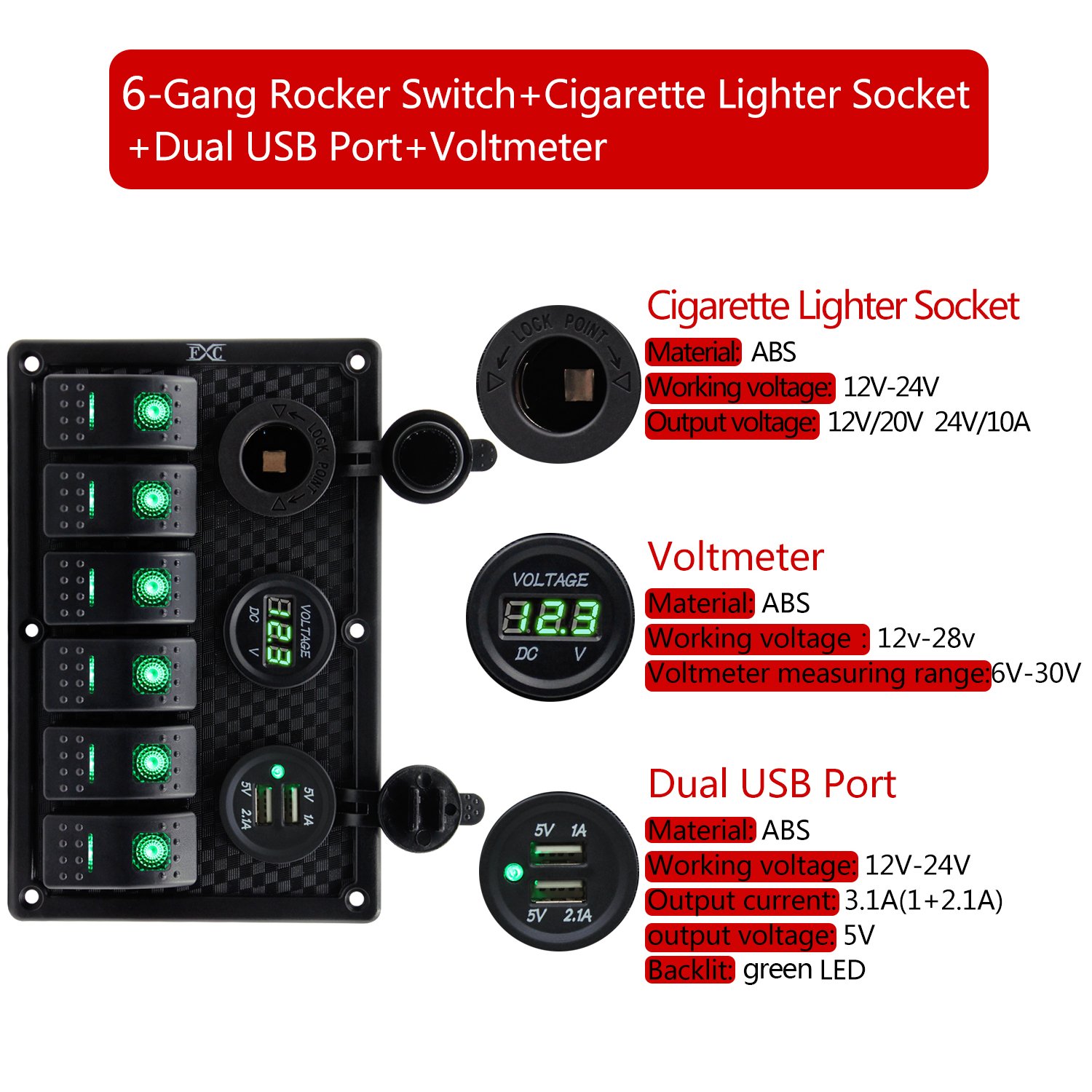 Panel FXC impermeable, con ranura de doble puerto USB, fusibles de 4.2A, visualización digital de voltaje, toma de encendedor y 4, 6 u 8 tipos de