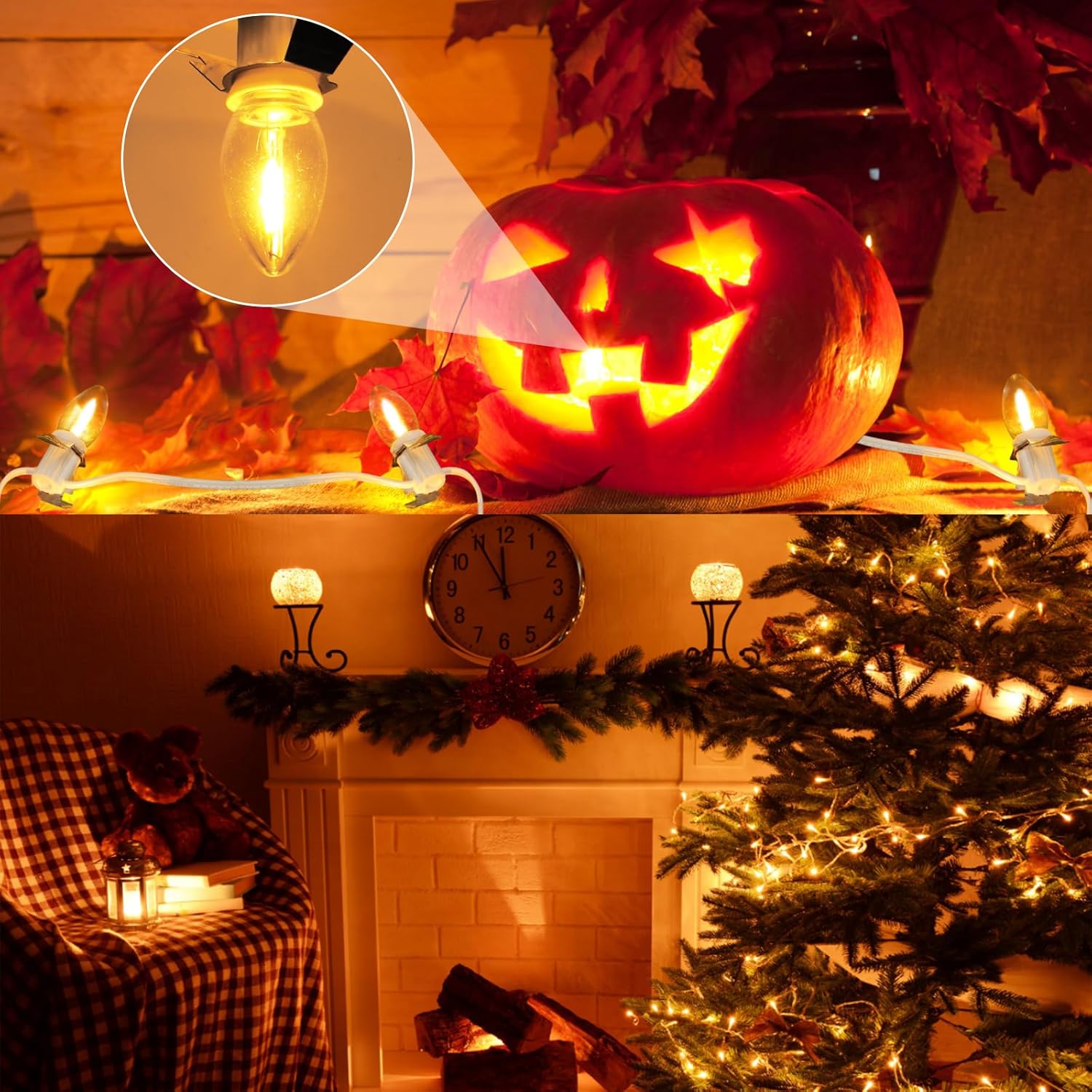 Luces de pueblo de Navidad con 10 bombillas LED de color blanco cálido, decoración para casas de pueblo de Navidad, cable de luz C7