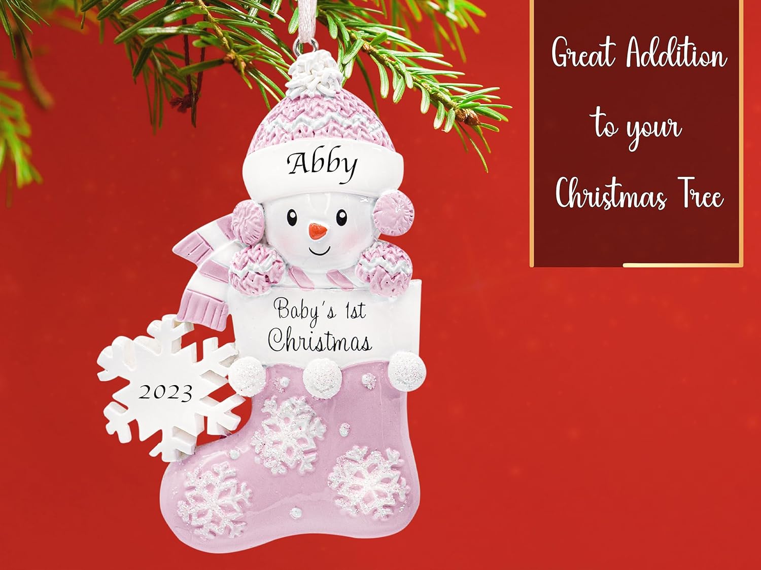 Adorno personalizado para la primera Navidad de mi bebé 2023  Decoración de árbol de Navidad de niña de nieve con calcetín rosa personalizado