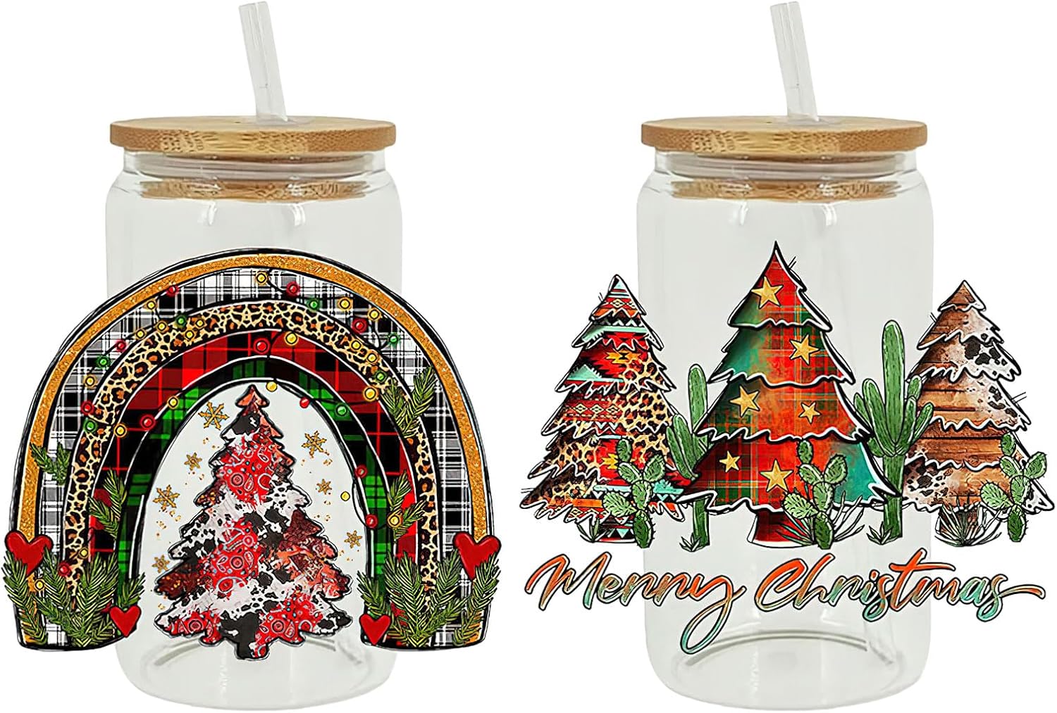 AUOCATTAIL Adhesivos de transferencia de Navidad 3D UV DTF, 6 hojas de árbol de Navidad, corona de Navidad, calcomanías de transferencia de copa de