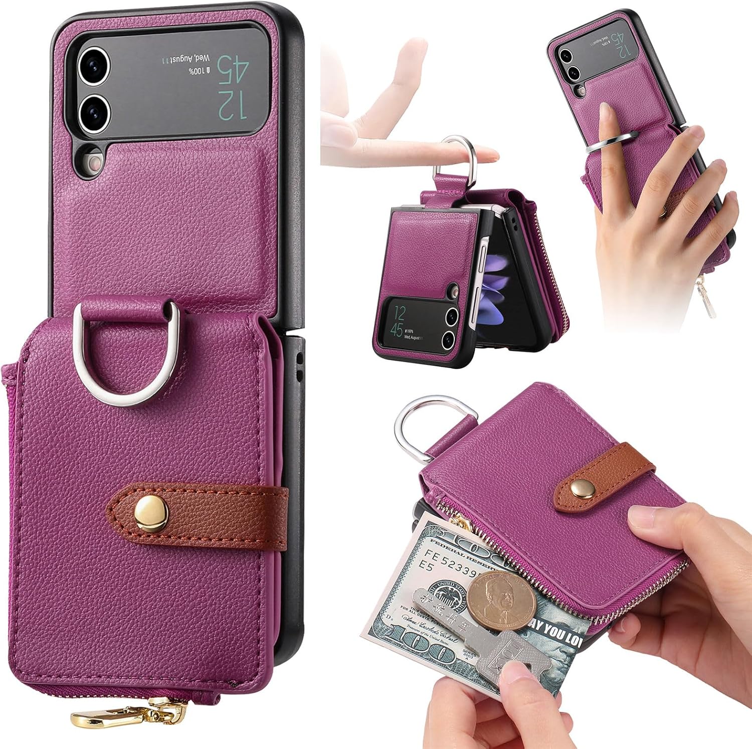 Asuwish Compatible con Samsung Galaxy Z Flip 4 5G 2022 – Funda tipo cartera y ranura para tarjetas, anillo con cierre magnético, a prueba de golpes,