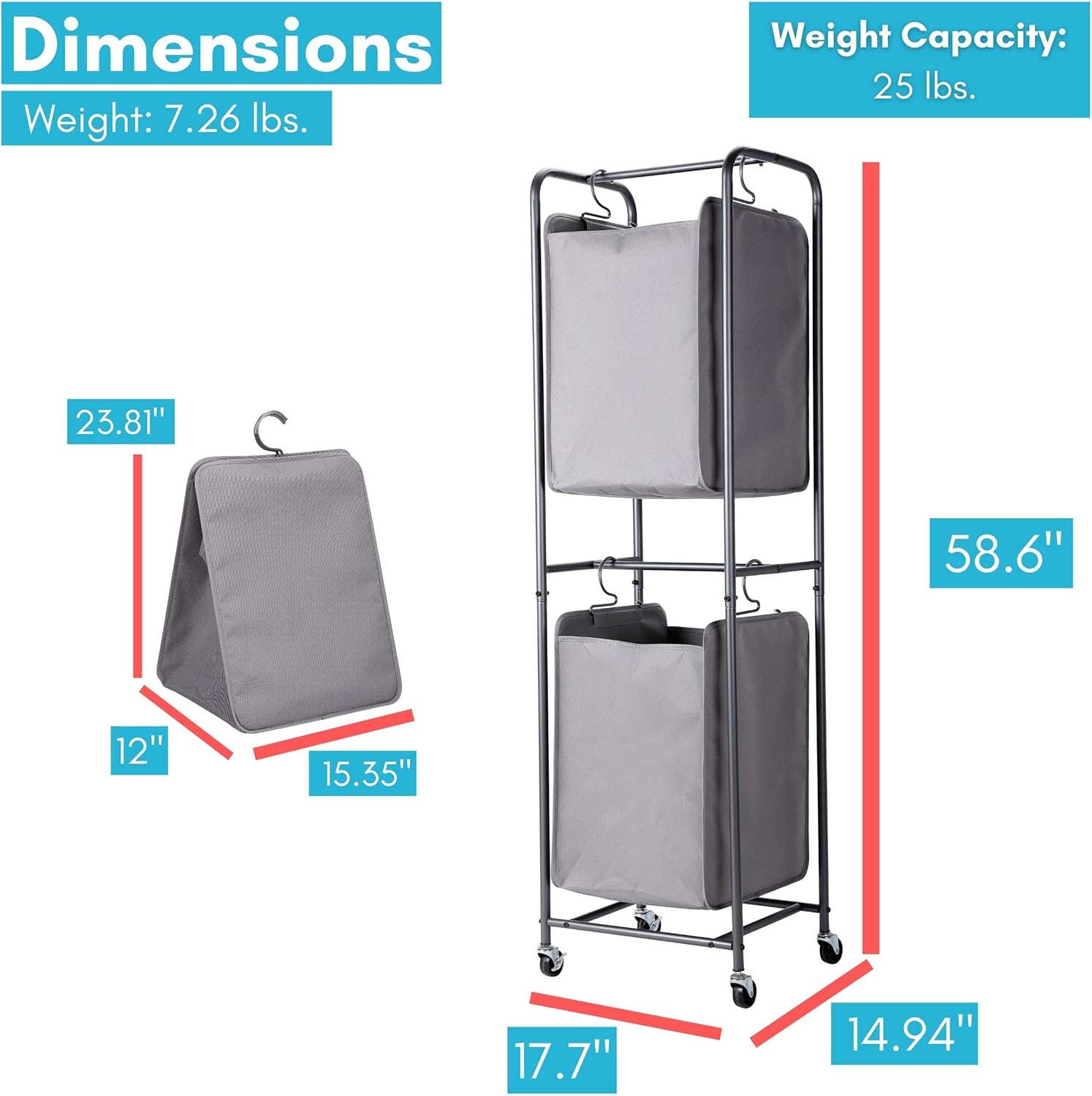 BIRDROCK HOME Clasificador vertical de 2 niveles para ropa sucia – Gris – Carrito con secciones de cesta dobles – Cuatro ruedas – Bolsas de ropa