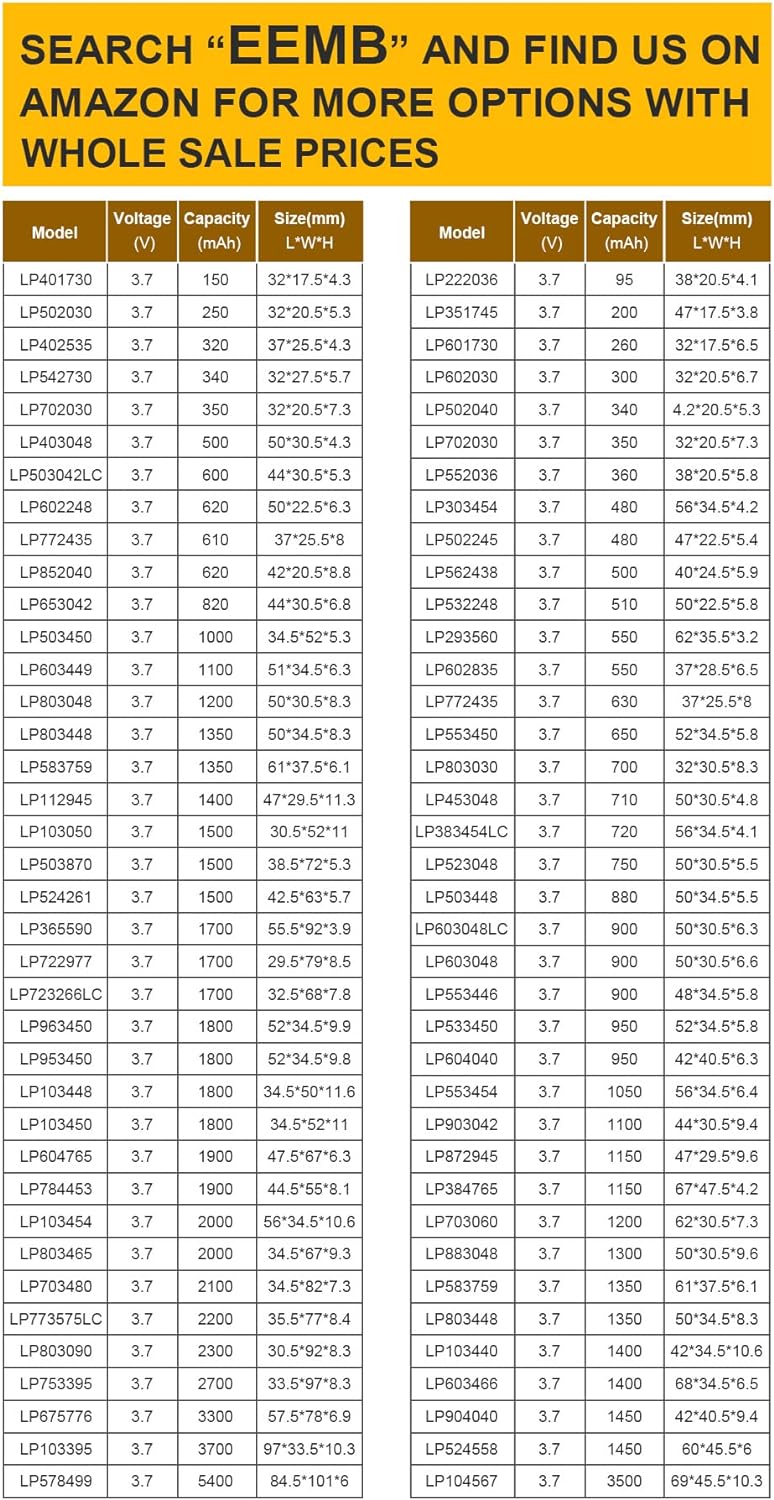 EEMB 3.7V Lipo Batería 950mAh 533450 Batería de iones de polímero de litio Batería recargable de polímero de iones de litio con conector JST