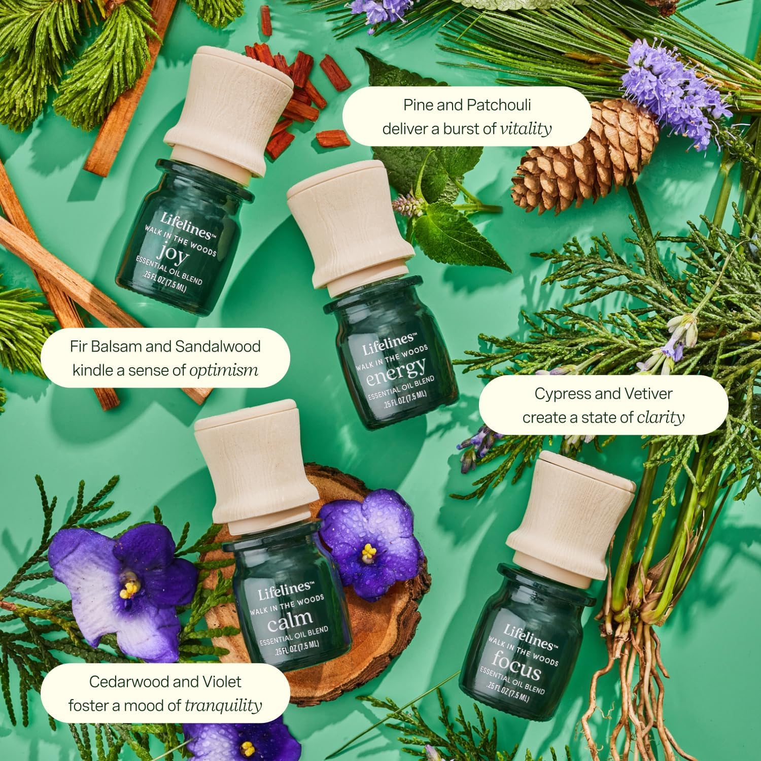 Lifelines Mezcla de aceites esenciales “Walk in The Woods”, paquete de 4, aceites de pino y pachulí para difusor, aceites esenciales 100% puros y