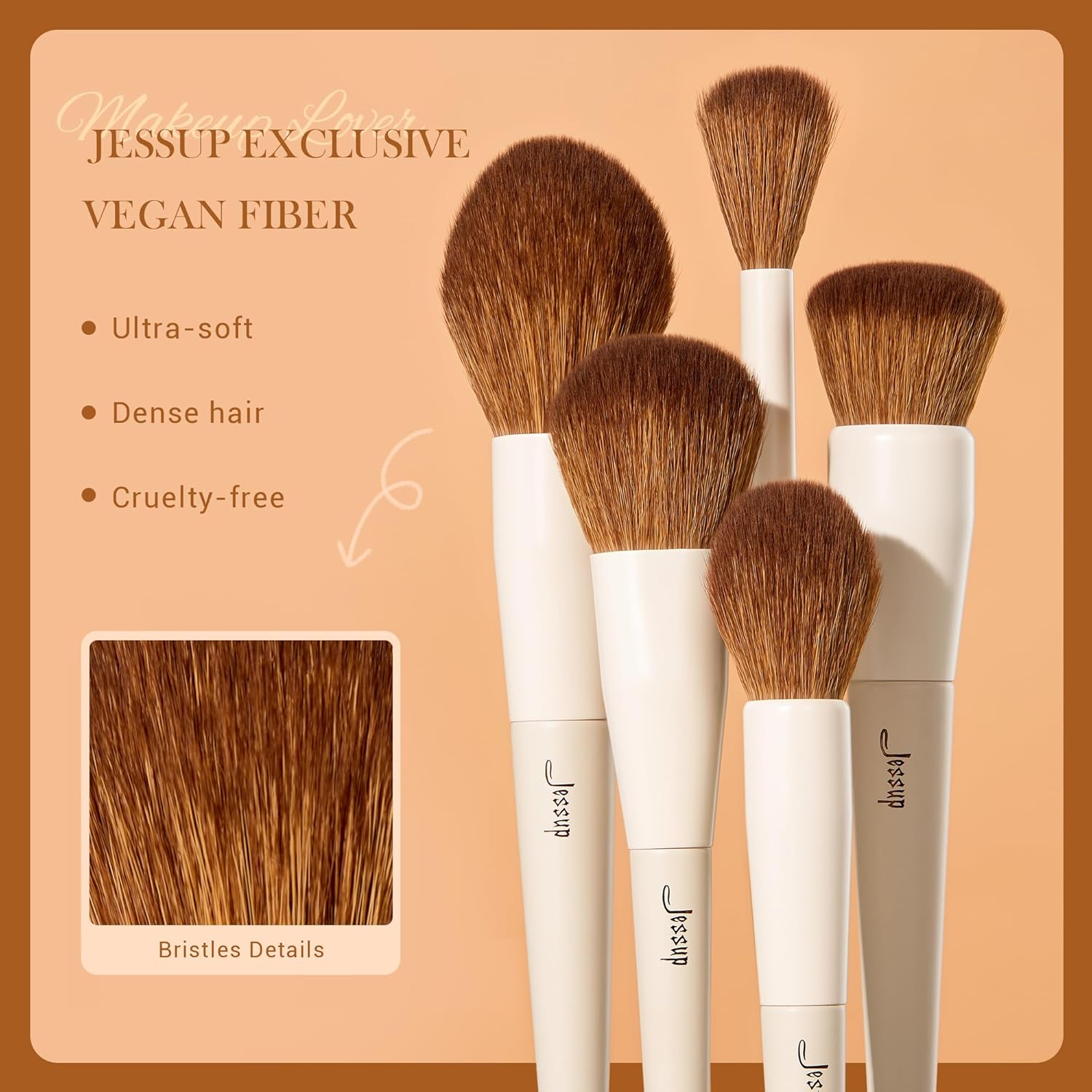 Jessup Juego de 5 brochas de maquillaje facial, cepillo de base suave vegano, brocha para rubor, bronceador, brocha de contorno iluminador, cepillo