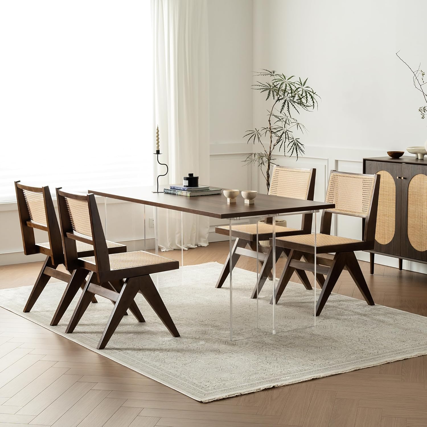 HoeuThien Silla de comedor de ratán de granja, silla auxiliar de madera de mediados de siglo, moderna de mediados de siglo, silla sin brazos de caña