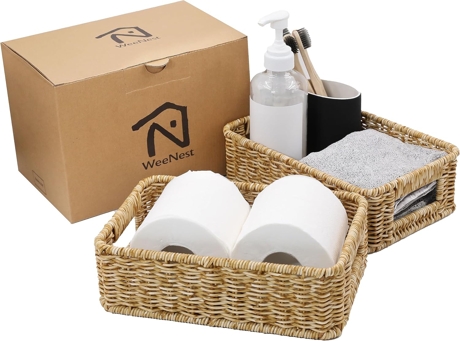 Cestas para organizar, Cesta pequeña de mimbre, Cestas de almacenamiento para baño, Cesta de inodoro, Cesta pequeña con asa, Cestas de