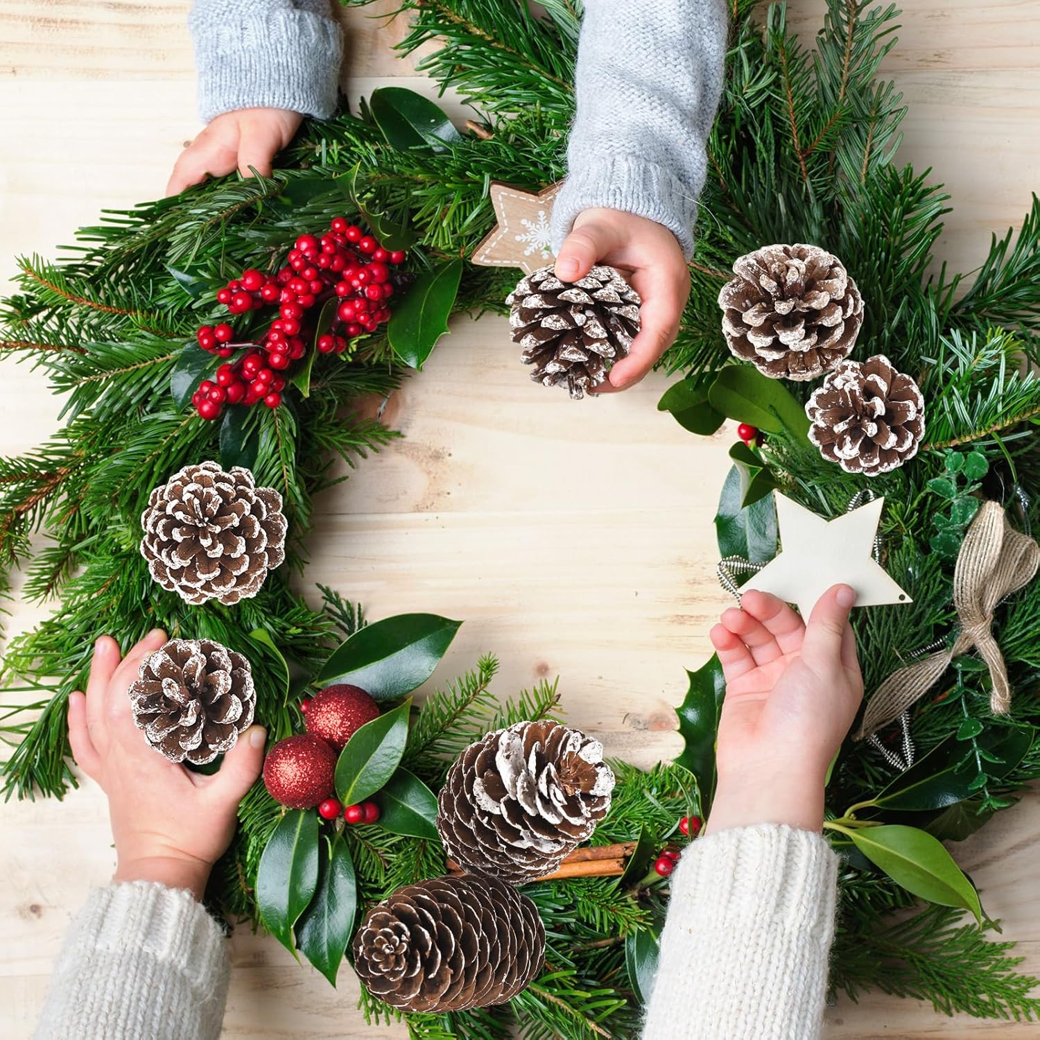 Fovths 66 piezas de adornos de piñas de Navidad blancas como la nieve con cuerda, conos de pino rústicos naturales a granel, varios tamaños,