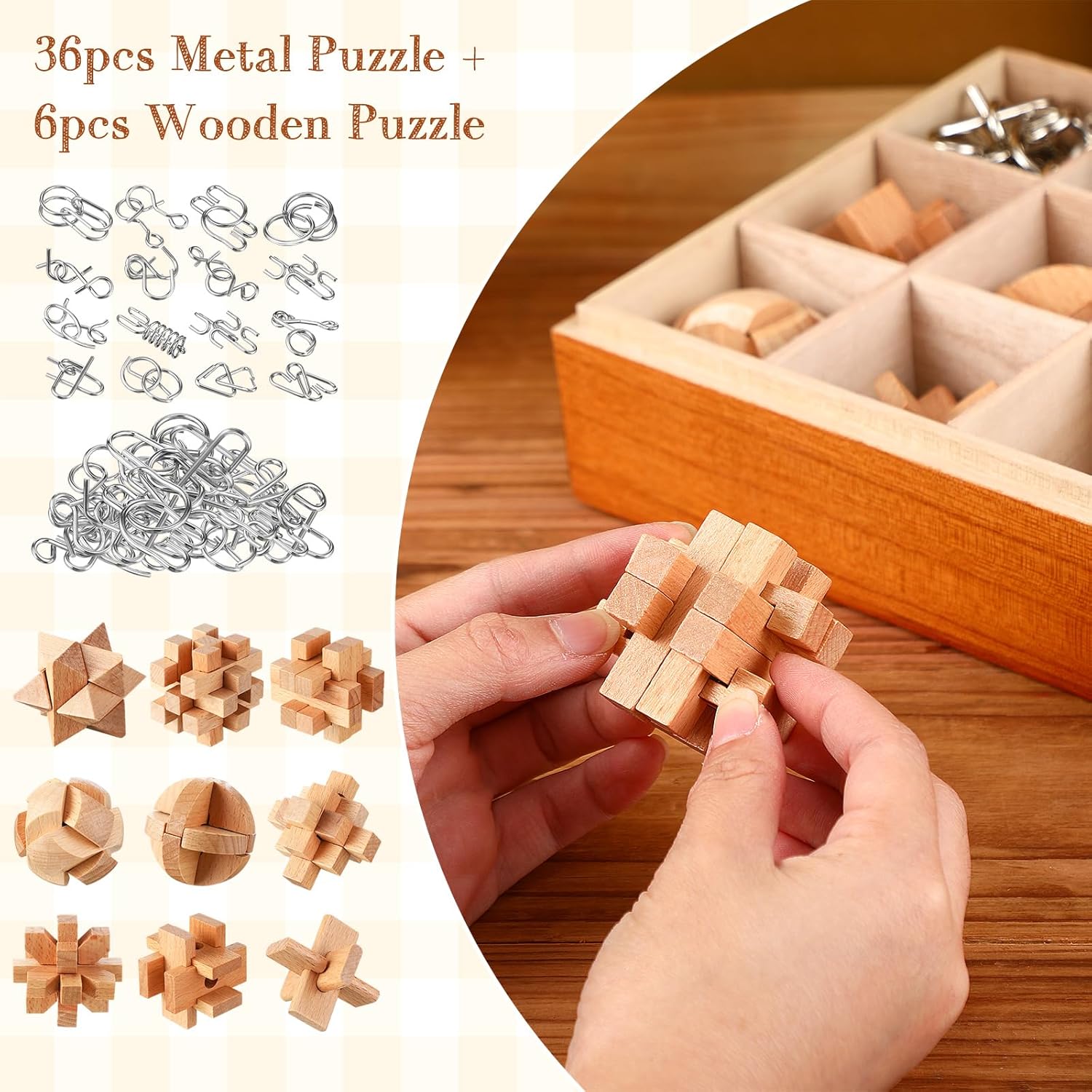 Yilloog Juego de 45 piezas de rompecabezas de madera 3D que incluye rompecabezas de metal y madera para desafiantes rompecabezas para adultos y