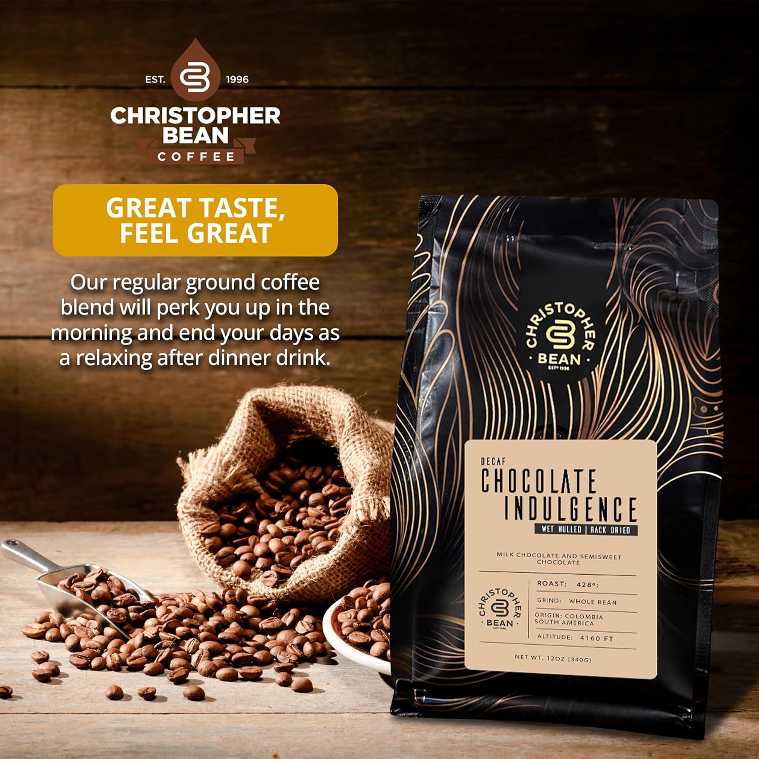 Café con sabor a chocolate Indulgence (grano entero normal) 100% arábica, sin azúcar, sin grasas, hecho con sabores sin OMG, bolsa de 12 onzas de