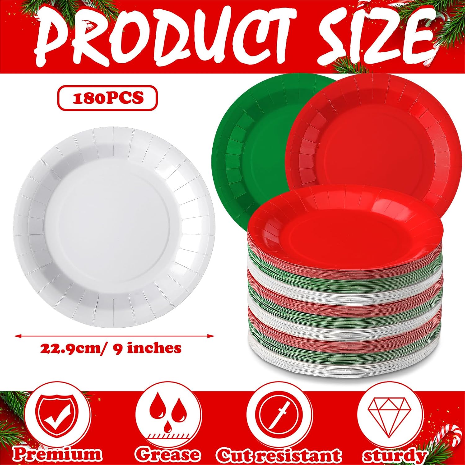 Tioncy 180 platos rojos, blancos y verdes, platos de papel desechables de Navidad, platos de papel de postre, platos de cena a granel, decoración de