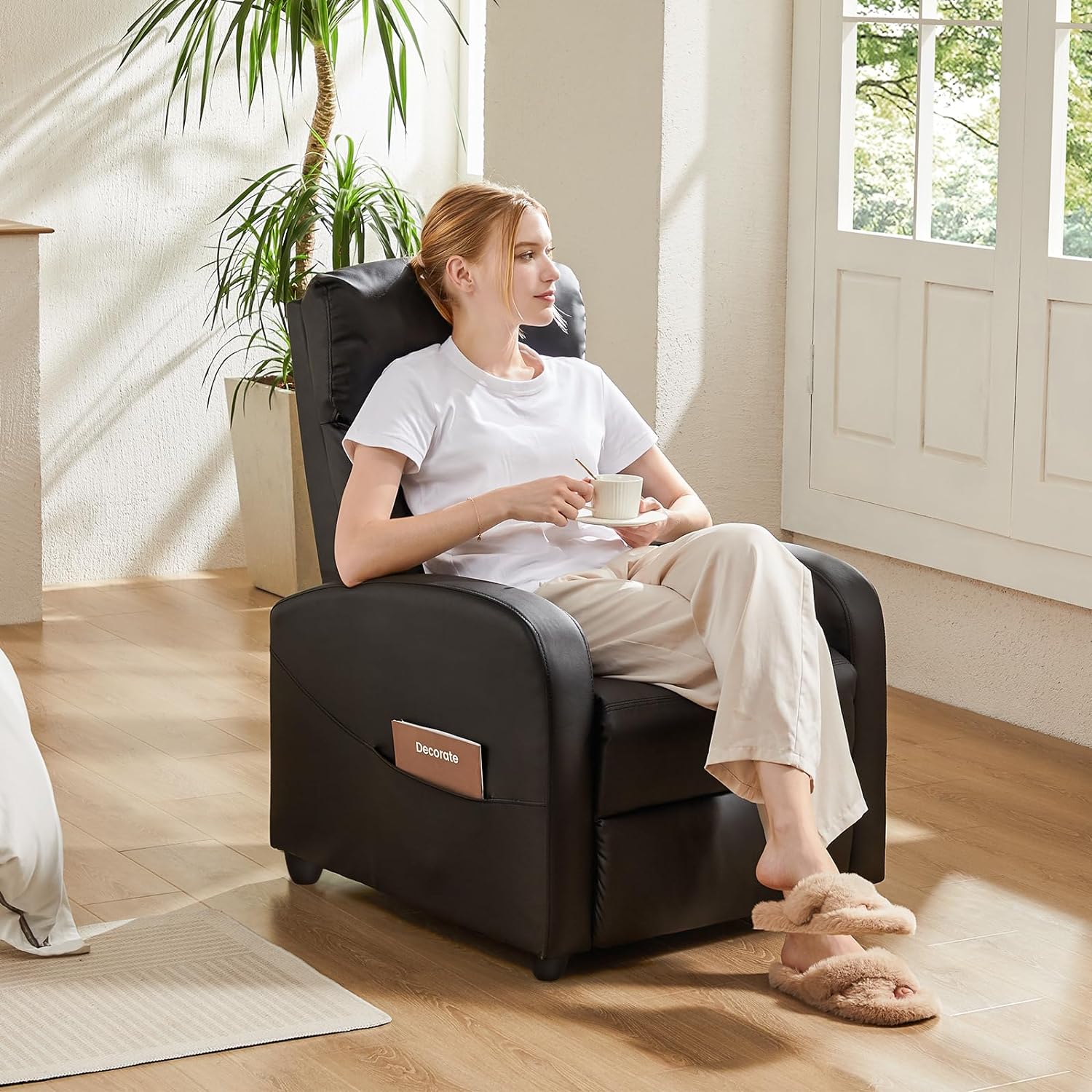 Sweetcrispy Silla reclinable para adultos, asiento reclinable pequeño de piel sintética para cine en casa con soporte lumbar, silla reclinable