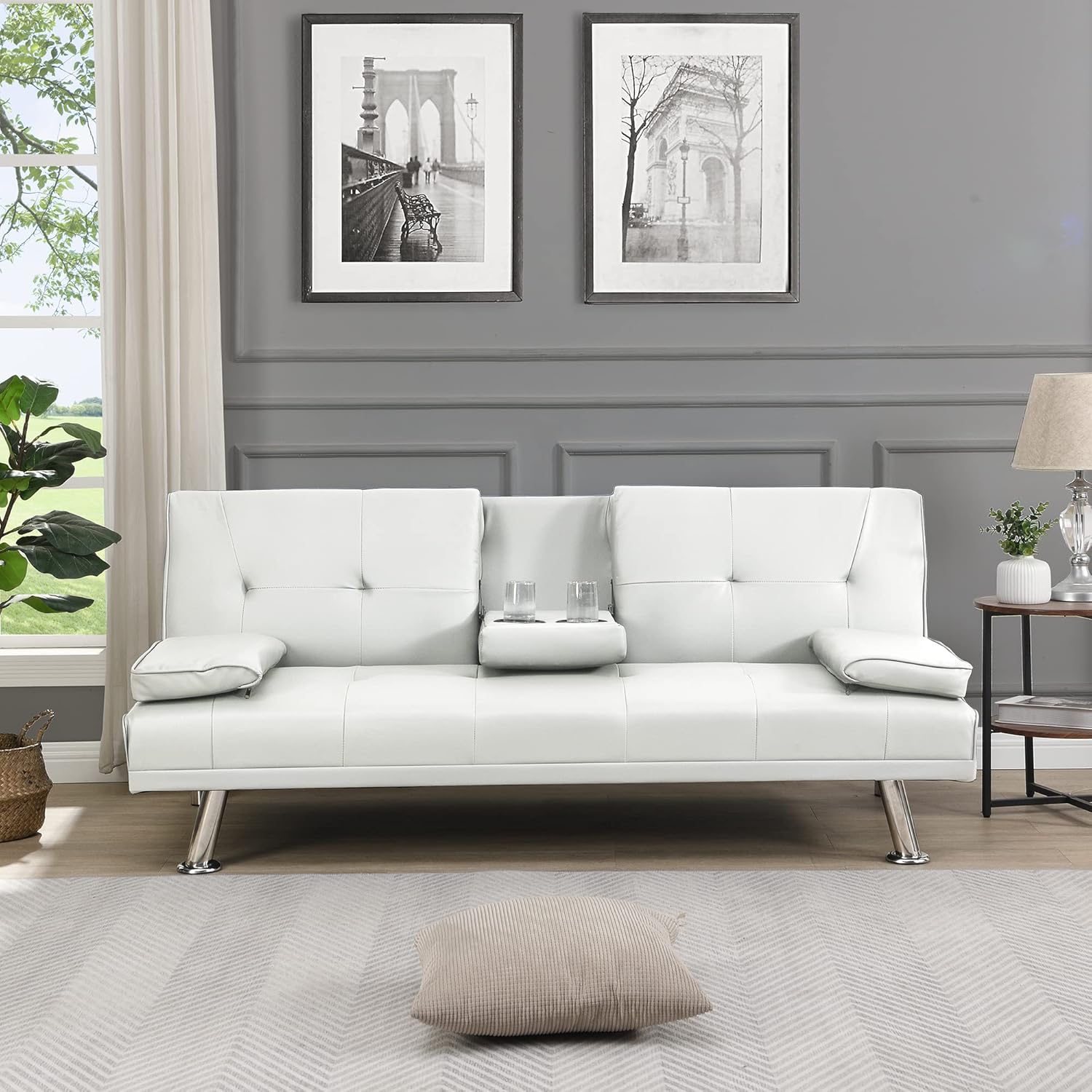 Futón, sala de estar de cuero moderna, sofá biplaza plegable convertible, sofá cama extraíble con 2 portavasos con reposabrazos en el medio, blanco
