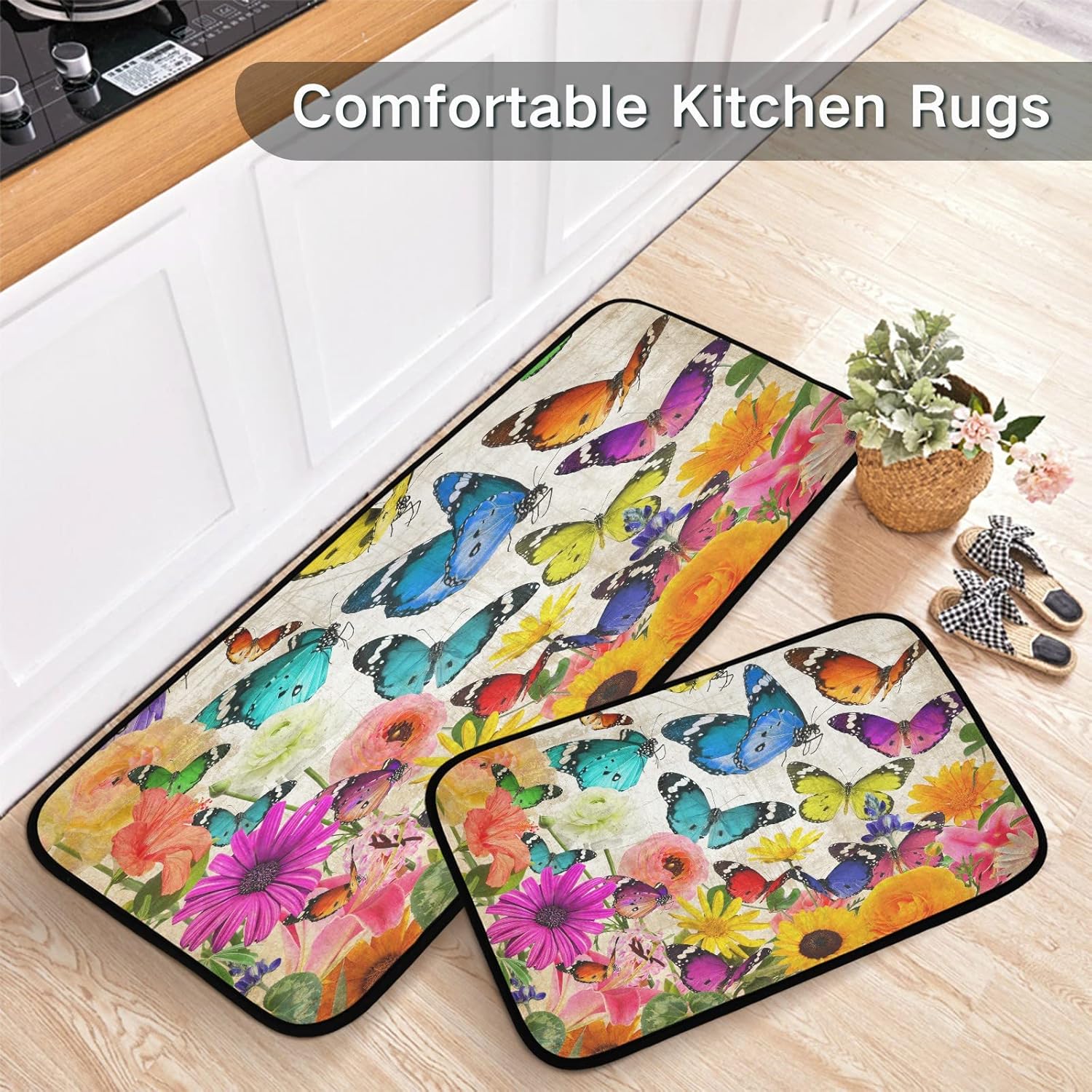 Juego de 2 alfombras de cocina de flores de primavera, diseño de girasol, tapete lavable perfecto para sala de estar, dormitorio, entrada