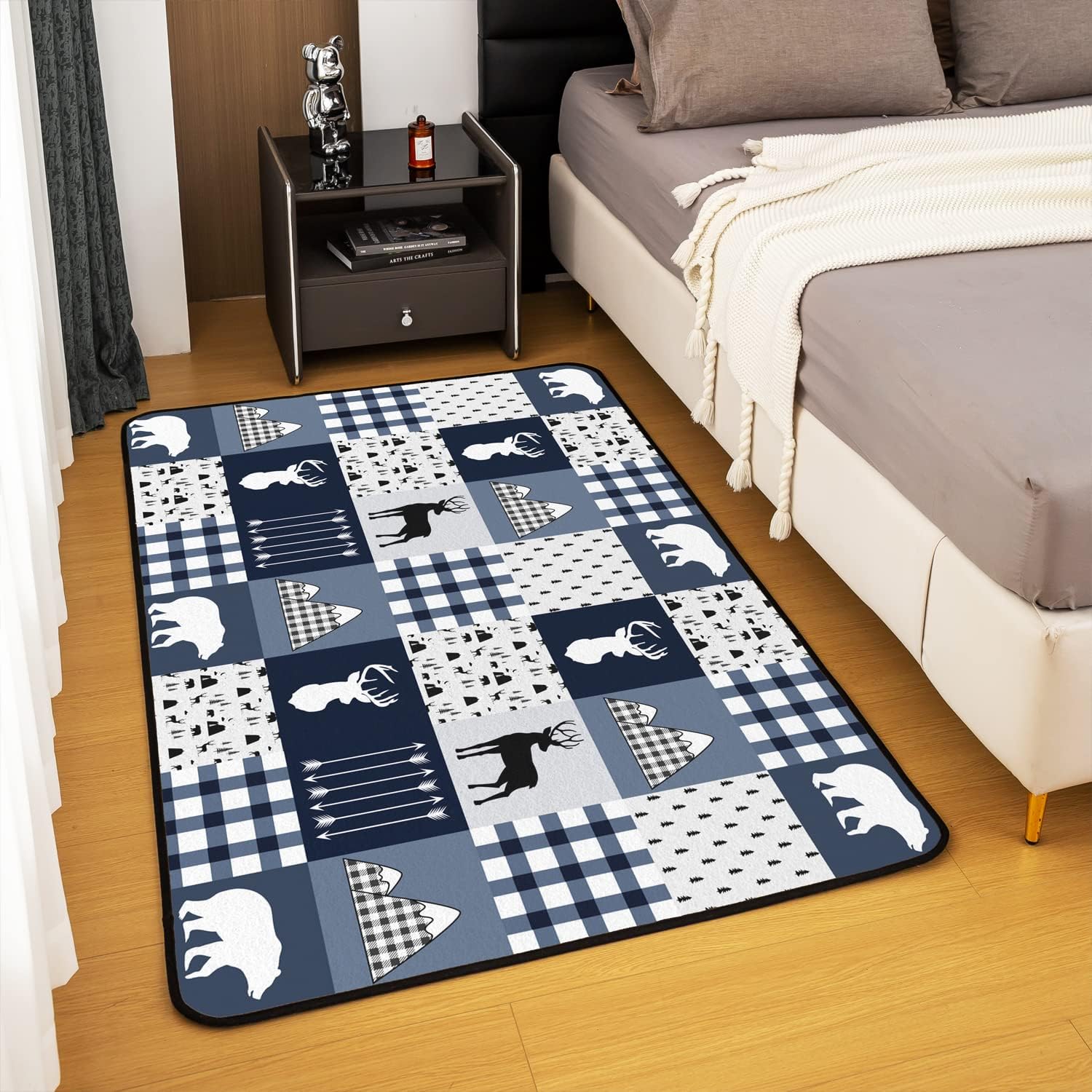 Alfombra decorativa de ciervo, alfombra bohemia de oso con alce de 5 x 7 pies, para niños, niñas, mujeres y hombres, alfombra a cuadros para sala de