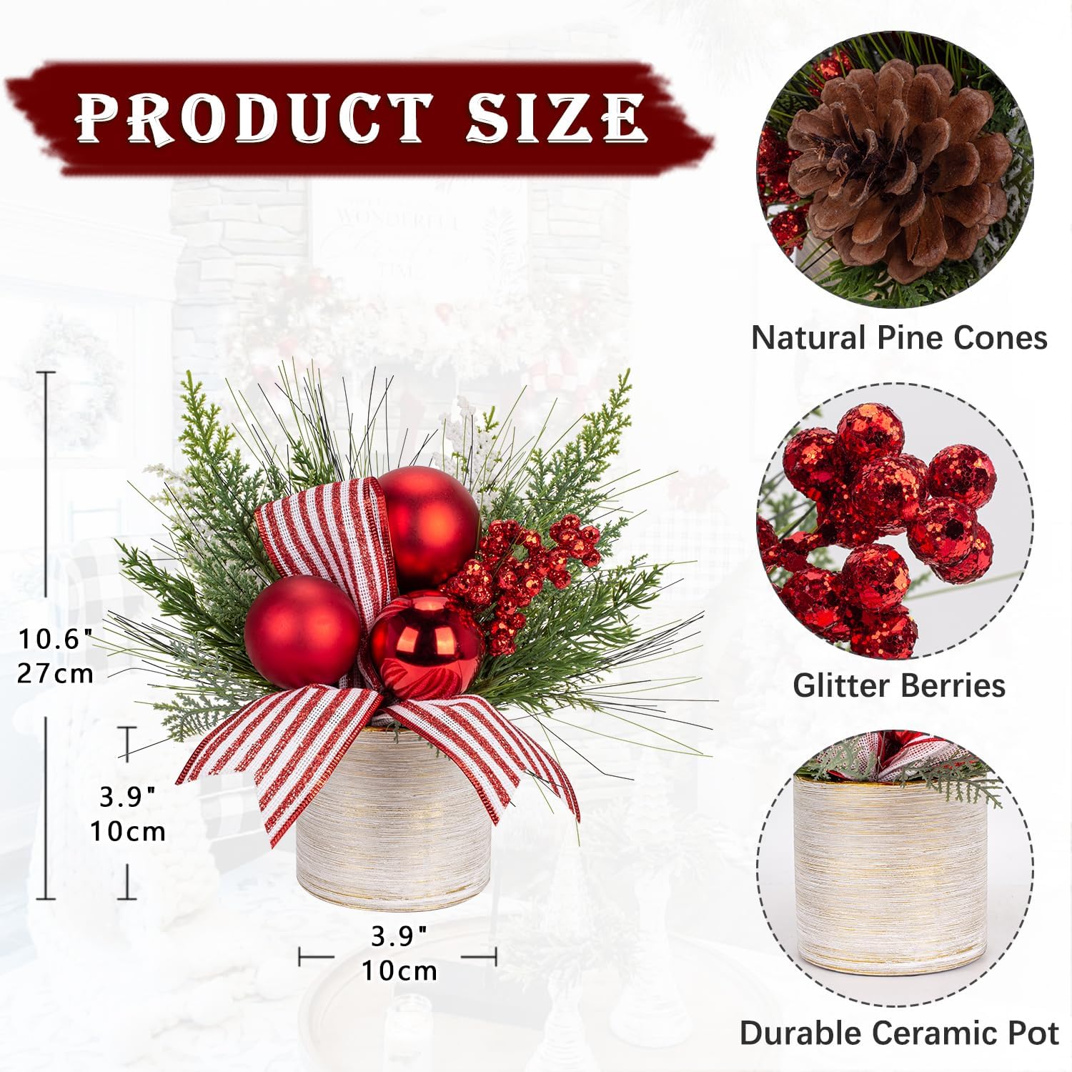 Hollyone Pequeño árbol de Navidad artificial de 11 pulgadas, decoración de plantas en maceta con adornos de bolas de Navidad, bayas para el hogar,