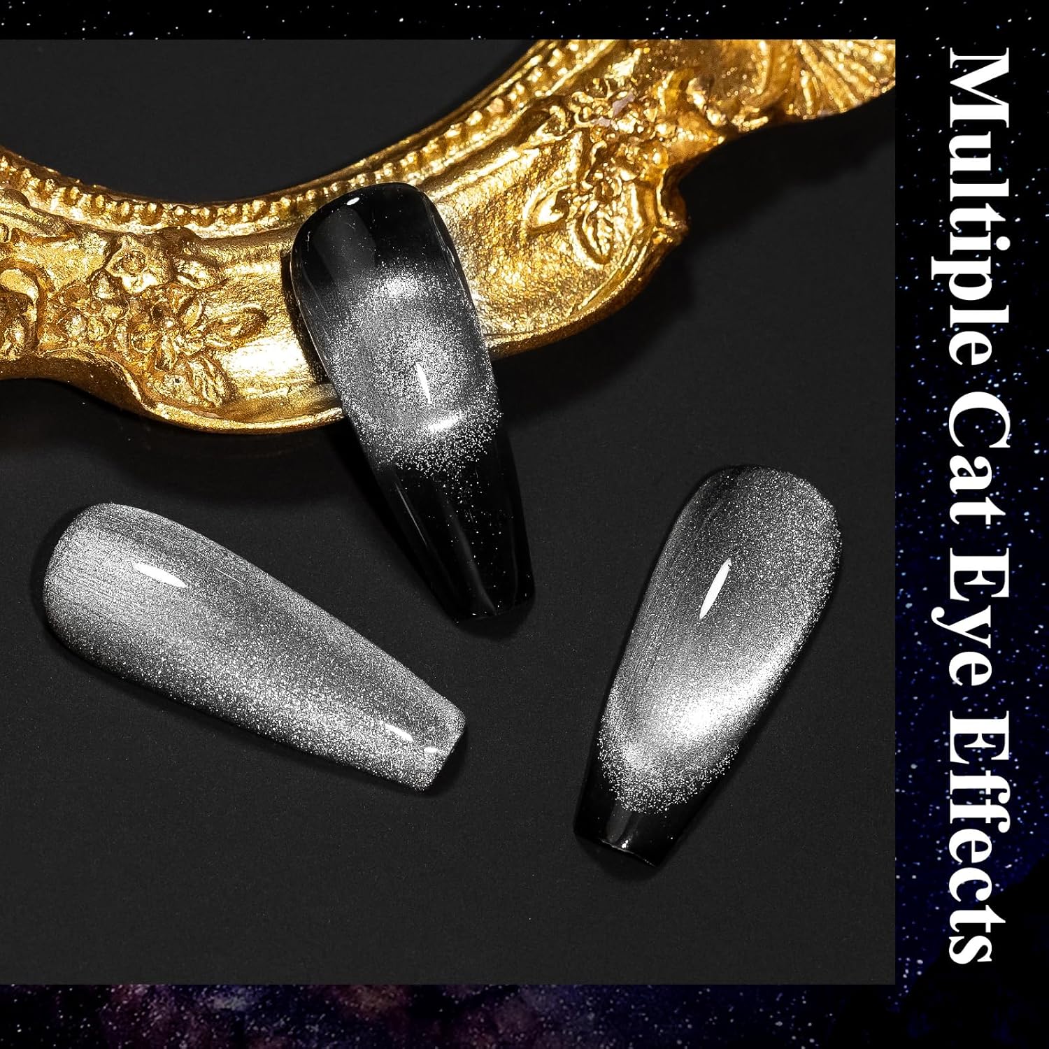 MIZHSE Esmalte de uñas de gel 9D de ojo de gato, esmalte de gel magnético plateado con barra magnética, efecto galaxia mágico, brillo holográfico,