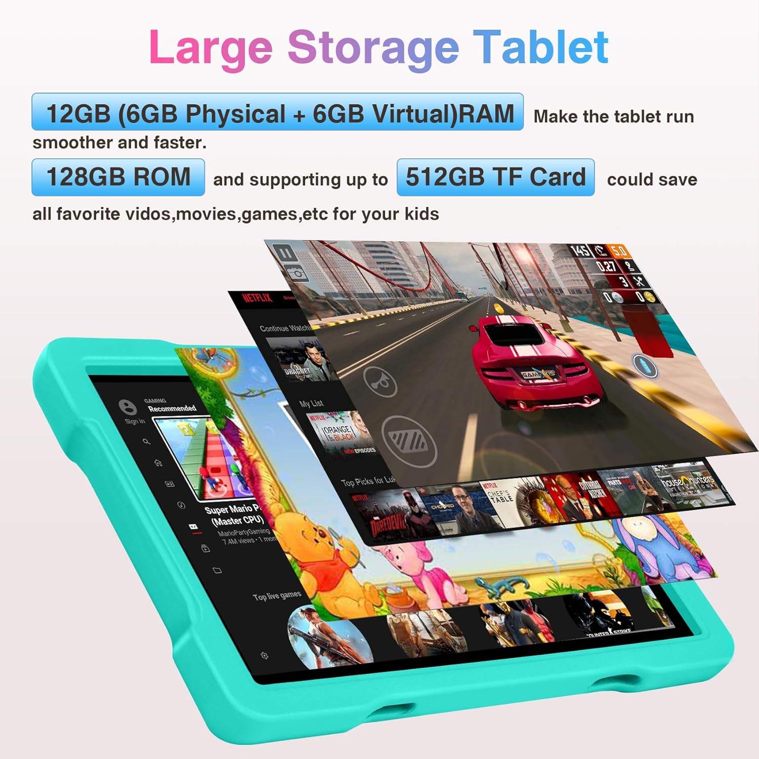 Tableta para niños 2024, tabletas Android 13 de 10 pulgadas para niños pequeños de 12 GB+128 GB 6000 mAh con funda a prueba de golpes, WiFi 5G,