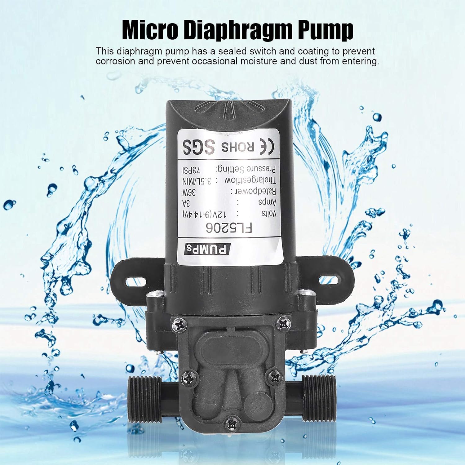 Bomba de diafragma micro automática de demanda de 12 pulgadas,Bomba autocebante 73PSI 12V 36W,Bomba de agua eléctrica del rociador 3.5LMIN