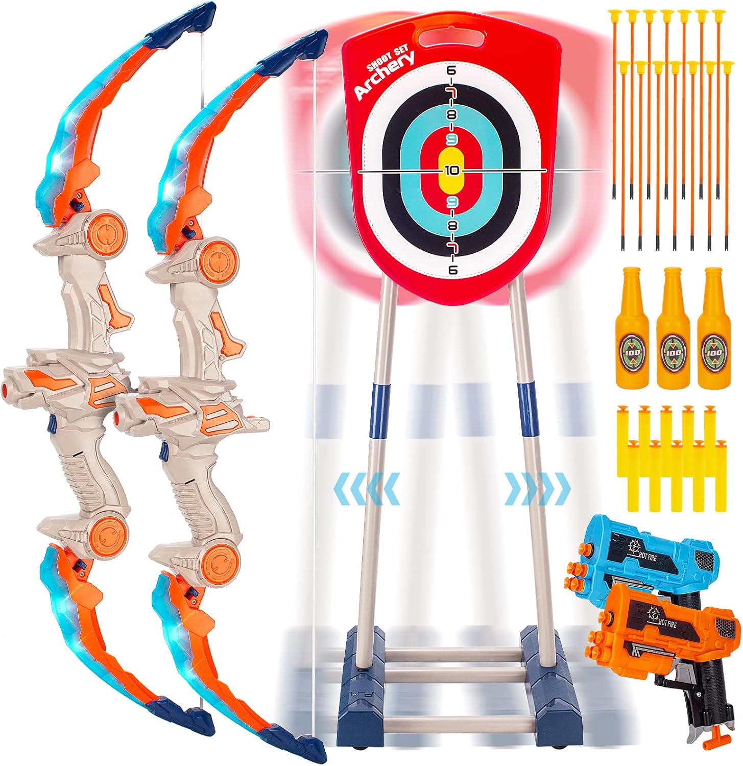 NIDUYONG Juego de 2 arcos y flechas para niños (objetivo móvil eléctrico), juego de tiro con arco iluminado con 14 flechas de ventosa, juegos al