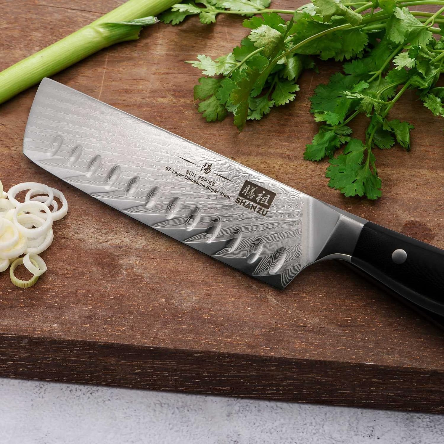 SHAN ZU Nakiri – Cuchillo profesional para verduras de acero Damasco japonés (AUS-10), mango ergonómico G10, serie SUN
