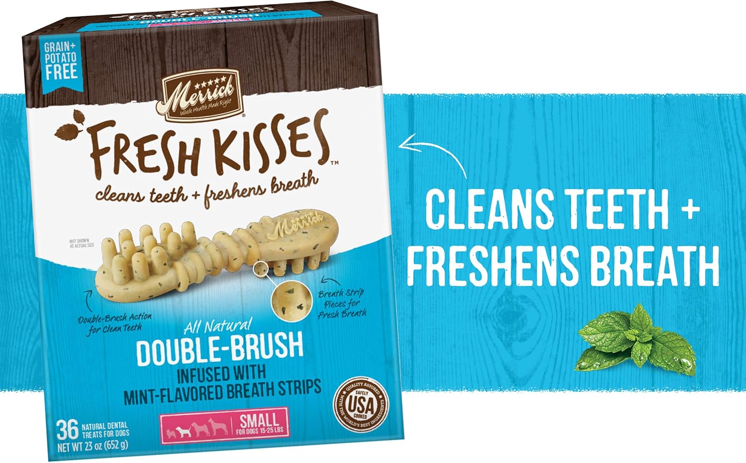 Merrick Fresh Kisses – Masticables dentales para perros para razas pequeñas, golosinas para perros sin granos con infusión de menta real, (6) bolsas