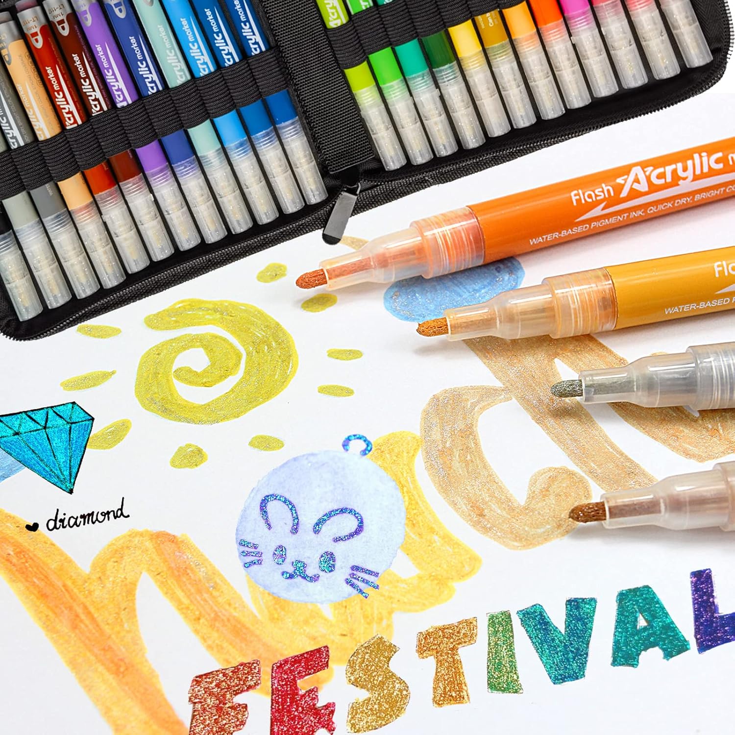 Bolígrafos de pintura acrílica, marcador de pintura acrílica con purpurina de 24 colores, tinta acrílica a base de agua, punta fina, bolígrafo de