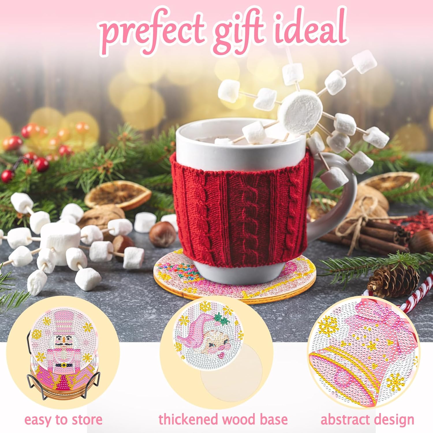XEFINAL Pinturas artísticas de diamantes rosas de Navidad, posavasos de diamantes rosa, kits de pintura artística de diamantes para adultos,