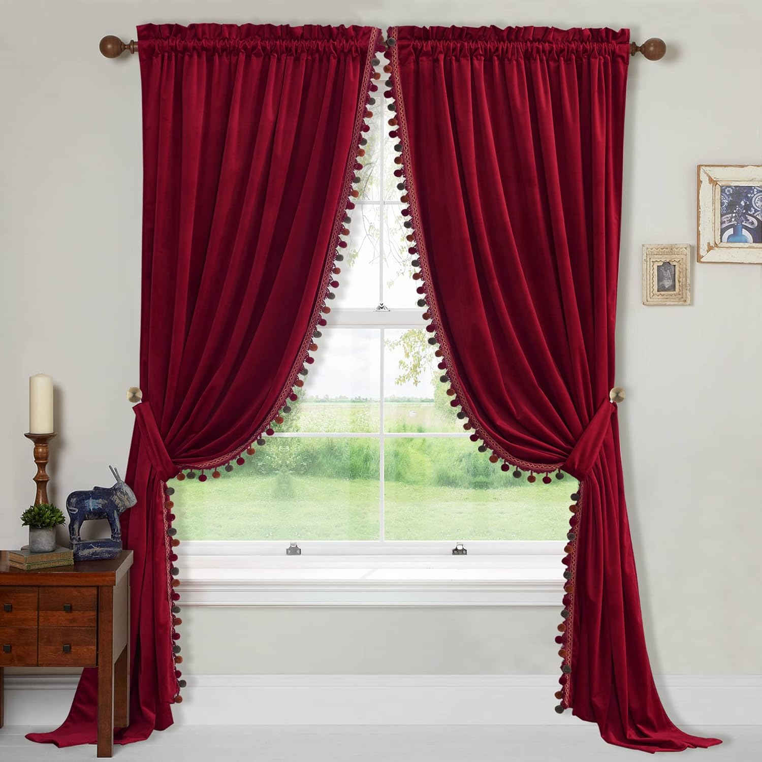 StangH Cortinas de terciopelo con pompones rojos de lujo, decoración del hogar navideña, con aislamiento térmico, para oscurecer la habitación, para