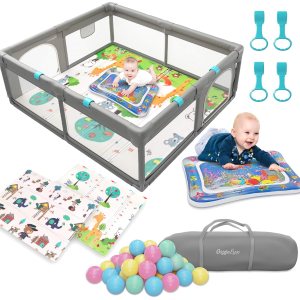 GiggleLux Corralito para bebés con alfombrilla incluida, tapete de agua para el tiempo boca abajo, anillos de mano, 30 bolas de pitballs y bolsa de GiggleLux Corralito para bebés con alfombrilla incluida, tapete de agua para el tiempo boca abajo, anillos de mano, 30 bolas de pitballs y bolsa de