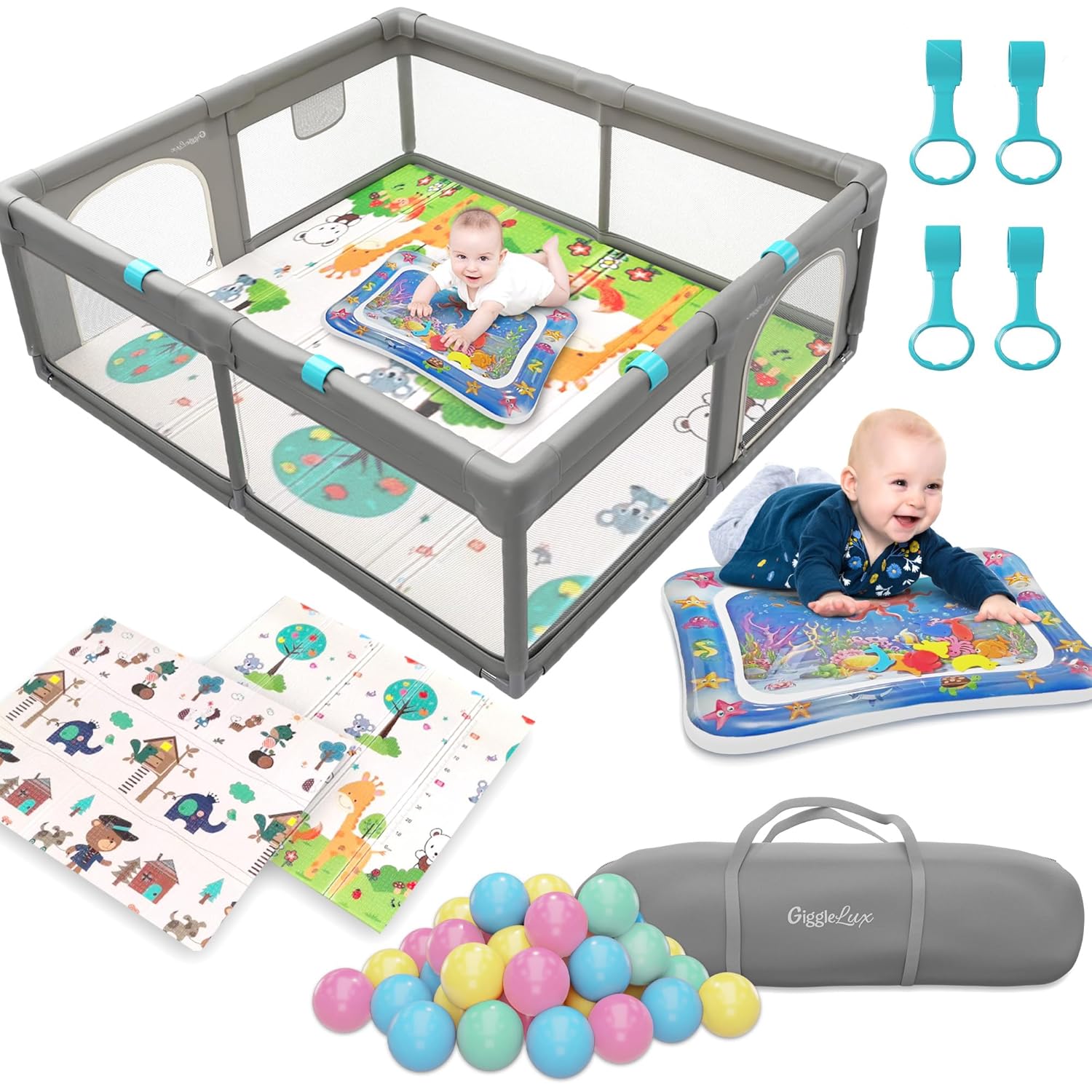 GiggleLux Corralito para bebés con alfombrilla incluida, tapete de agua para el tiempo boca abajo, anillos de mano, 30 bolas de pitballs y bolsa de