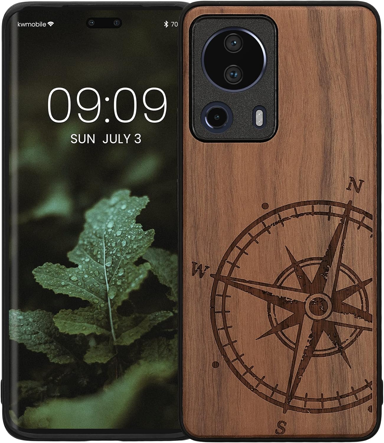 kwmobile Funda de madera compatible con Xiaomi 13 Lite 5G – Funda – Brújula de navegación marrón oscuro