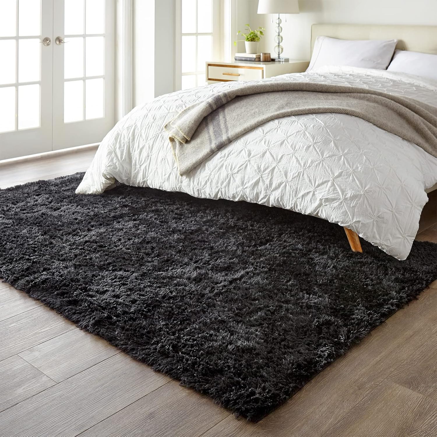 Ophanie Alfombra negra de 5 x 7 pies para sala de estar, alfombra mullida y peluda, alfombras para dormitorio, felpa suave, grande, decoración del