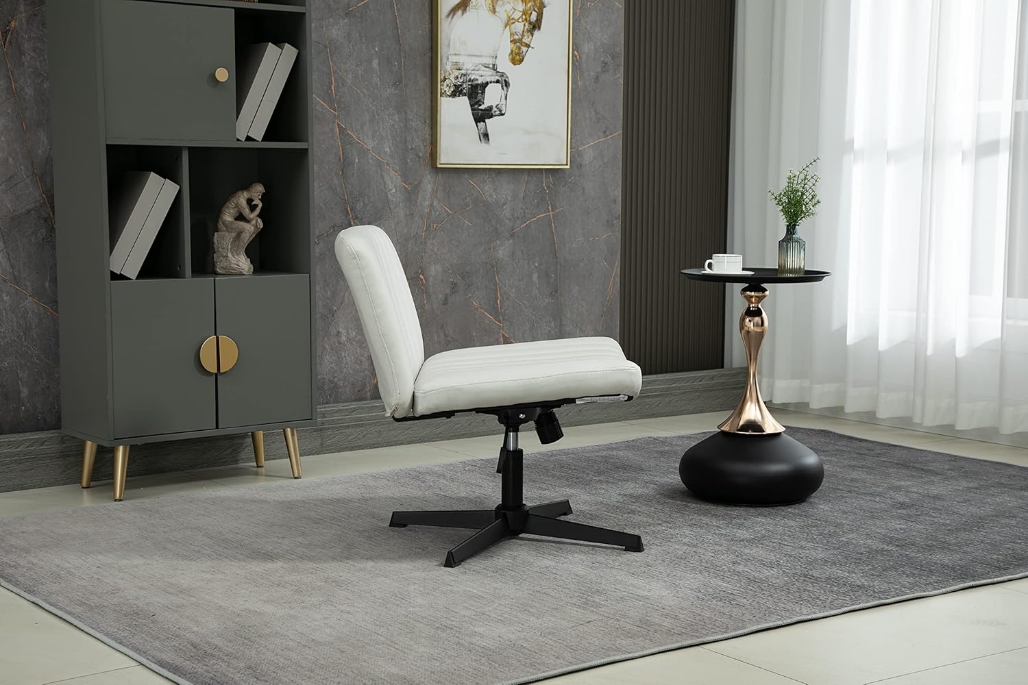 Pvillez Silla de escritorio de oficina sin ruedas, de piel sintética, sin brazos, silla de escritorio para oficina en casa, asiento ancho, silla de